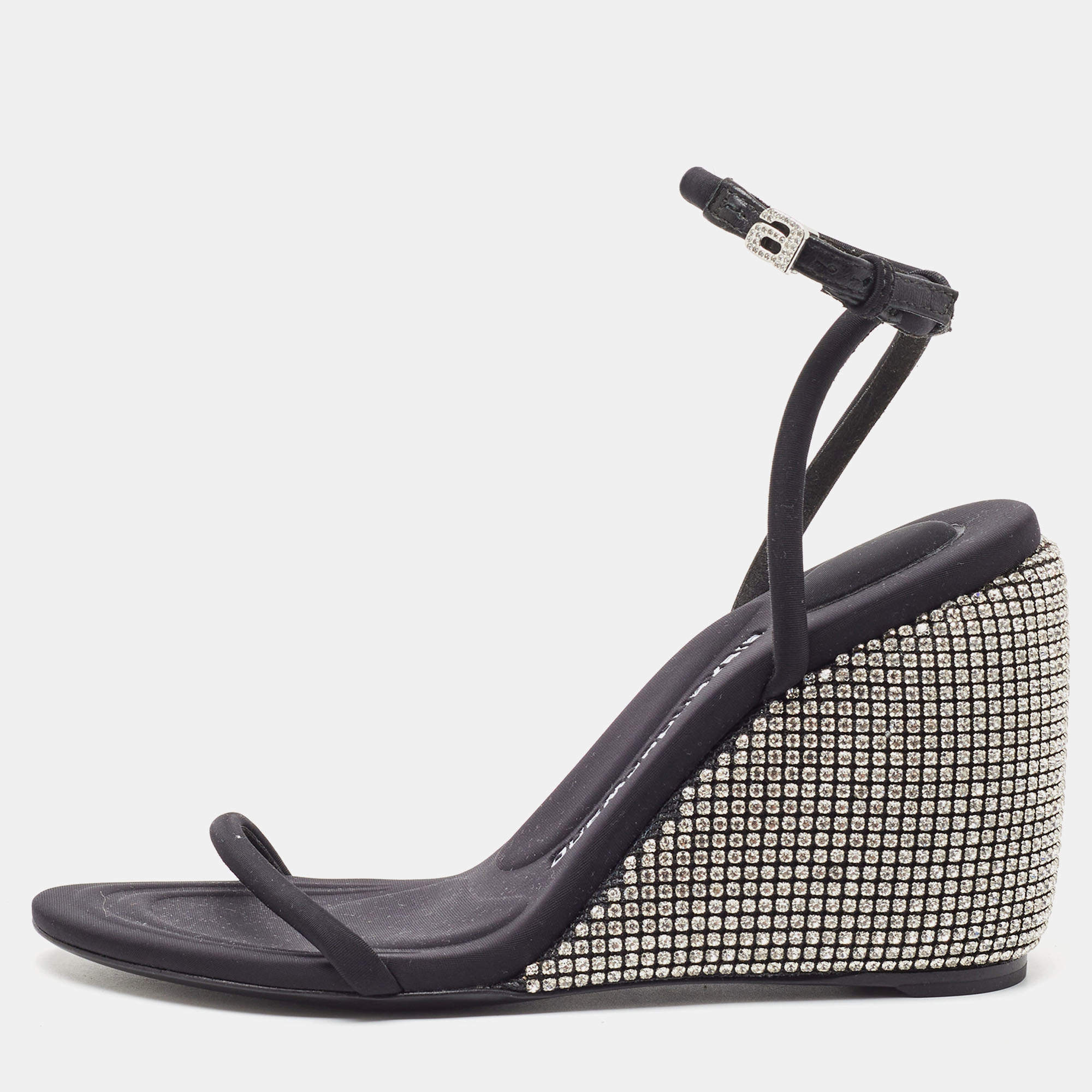 Alexander Wang Dahlia Black Satin Crystal Ankle Strap Wedge Sandals Size 38