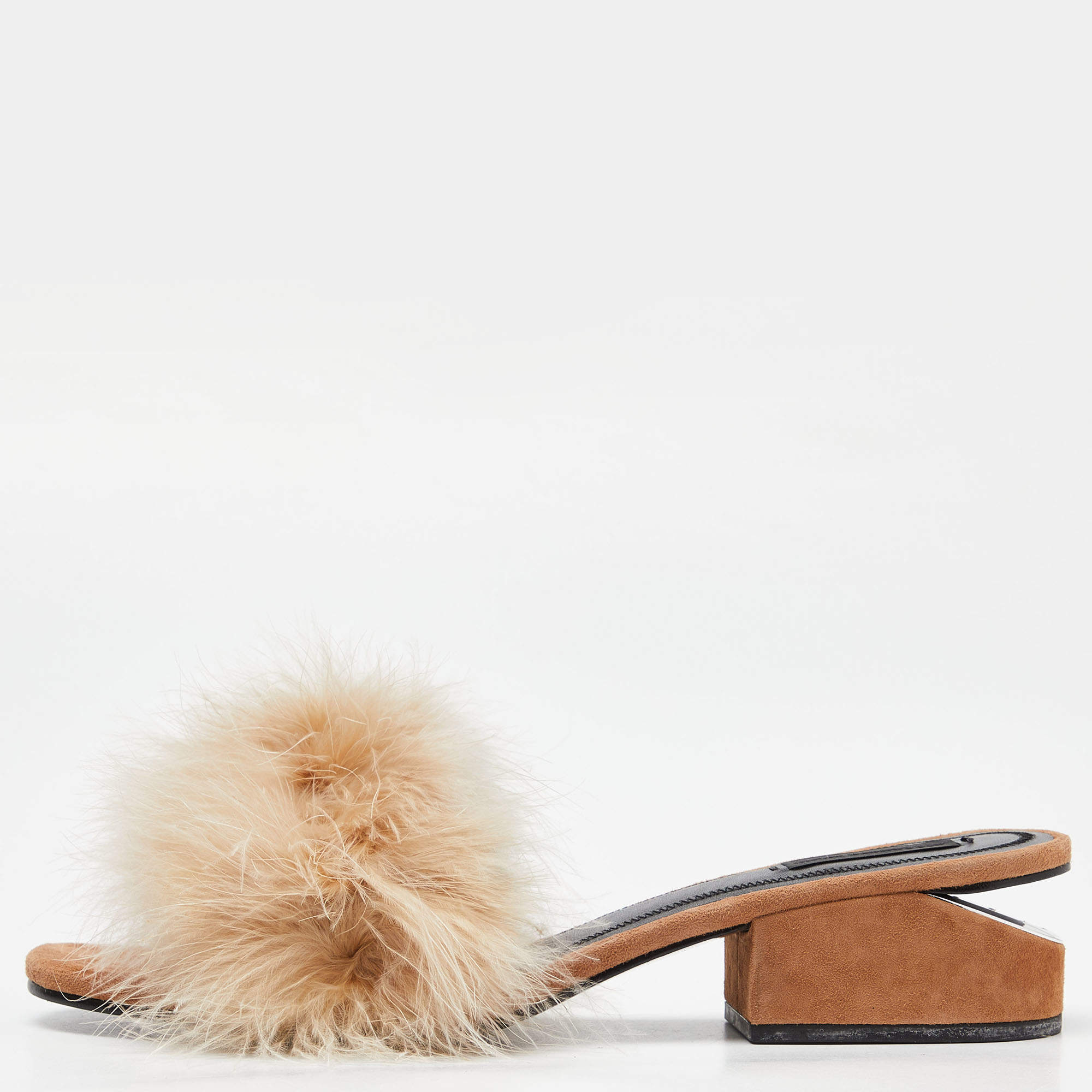Alexander Wang Brown Fur Open Toe Block Heel Slide Sandals Size 41