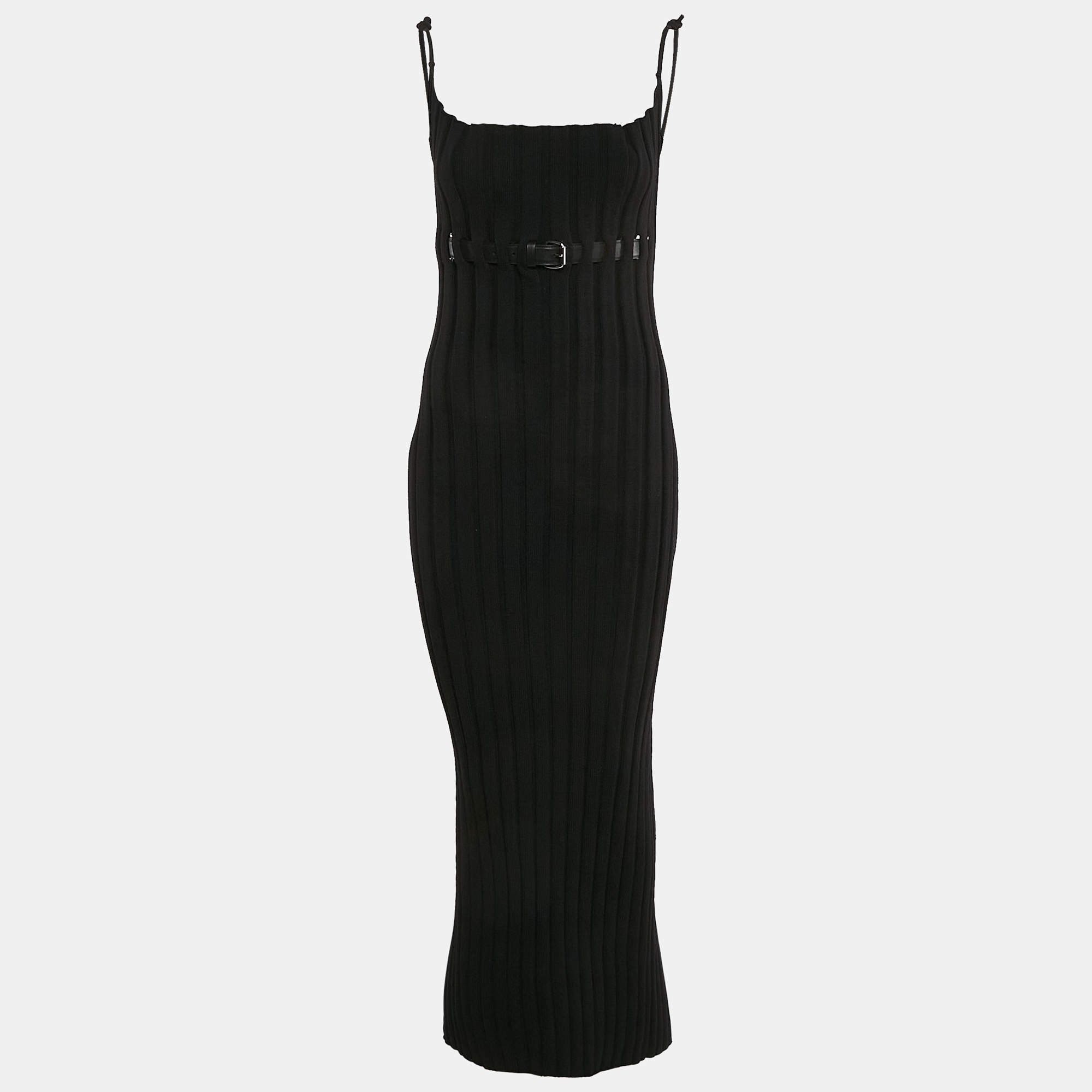 Pre Owned Alexander Wang Black Pleated Knit Belted Midi Dress M