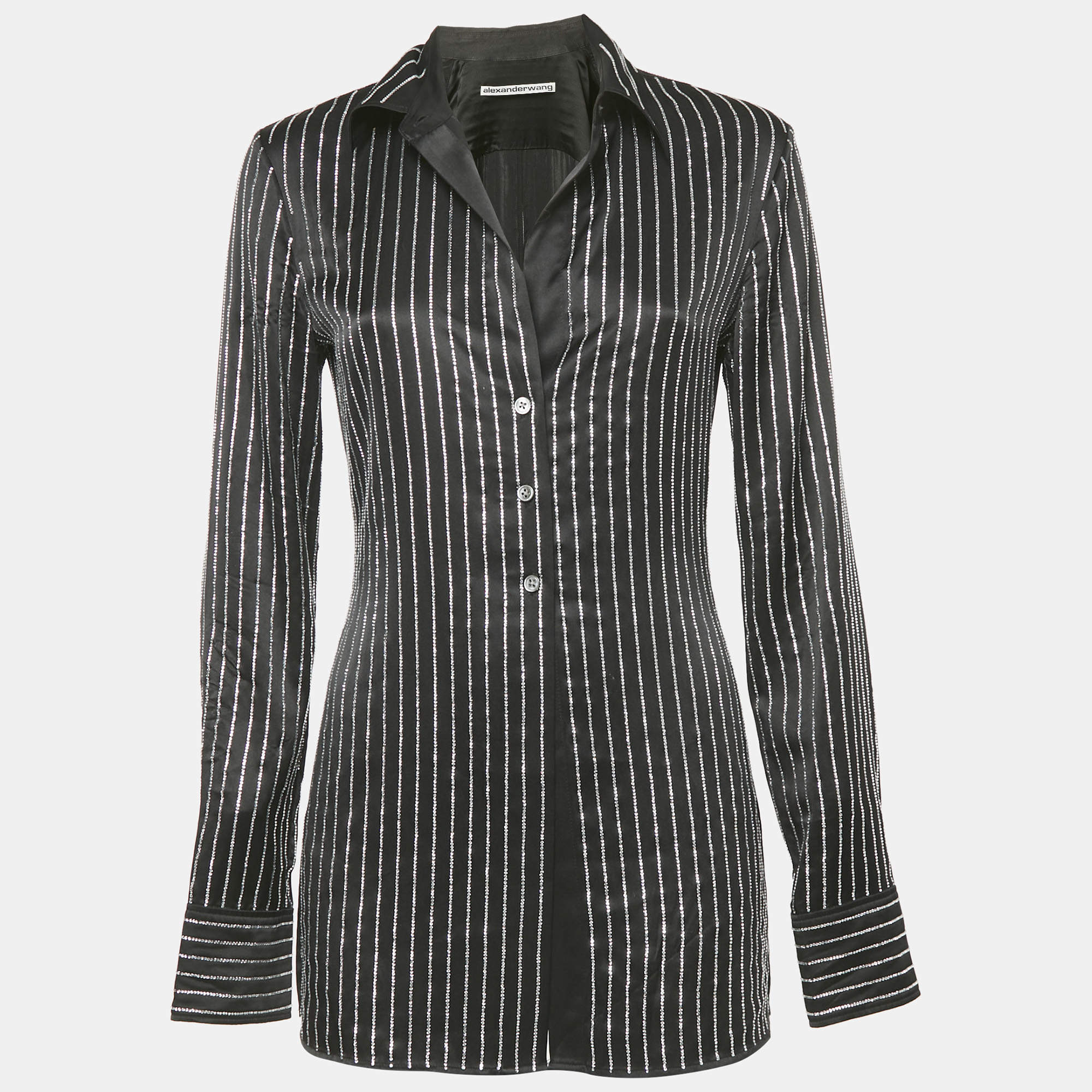 Alexander Wang  Black Embellished Striped Silk Satin Shirt S
