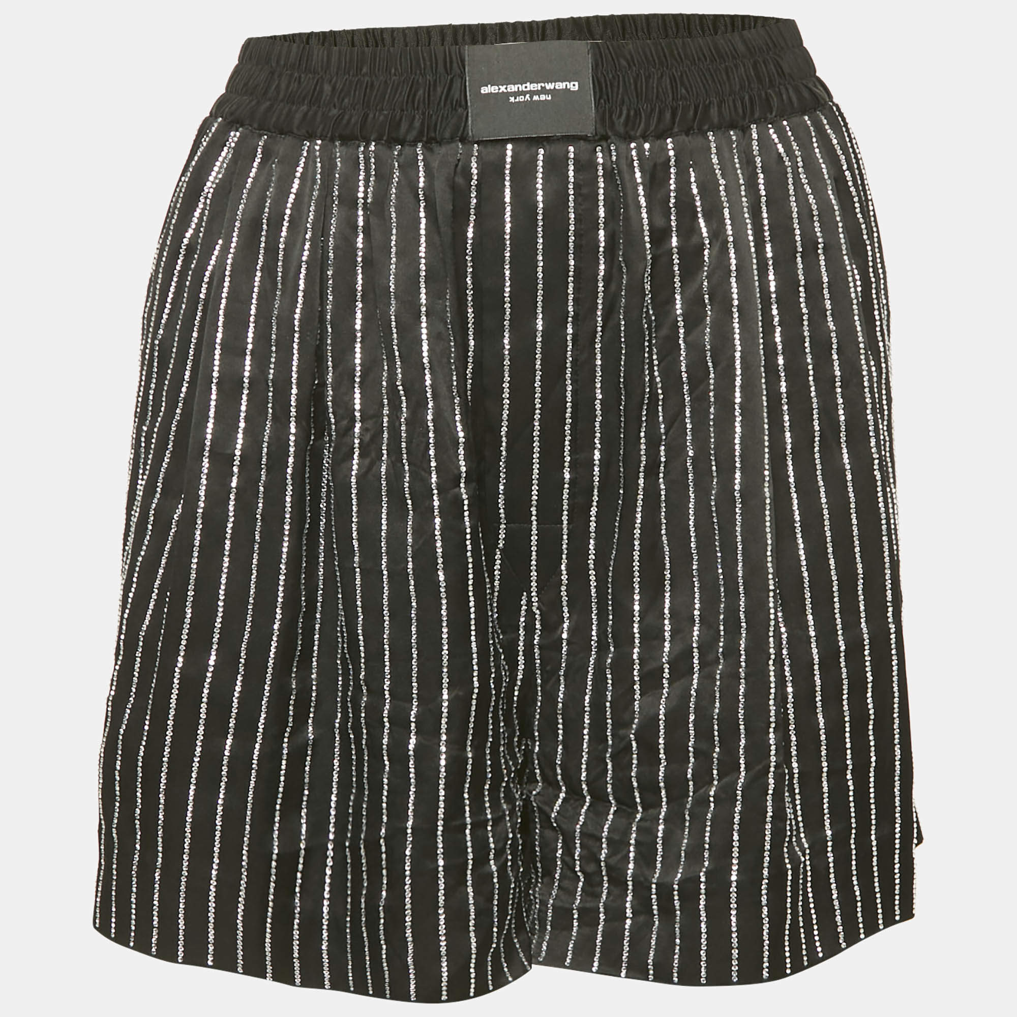 Alexander Wang Black Embellished Striped Satin Shorts L