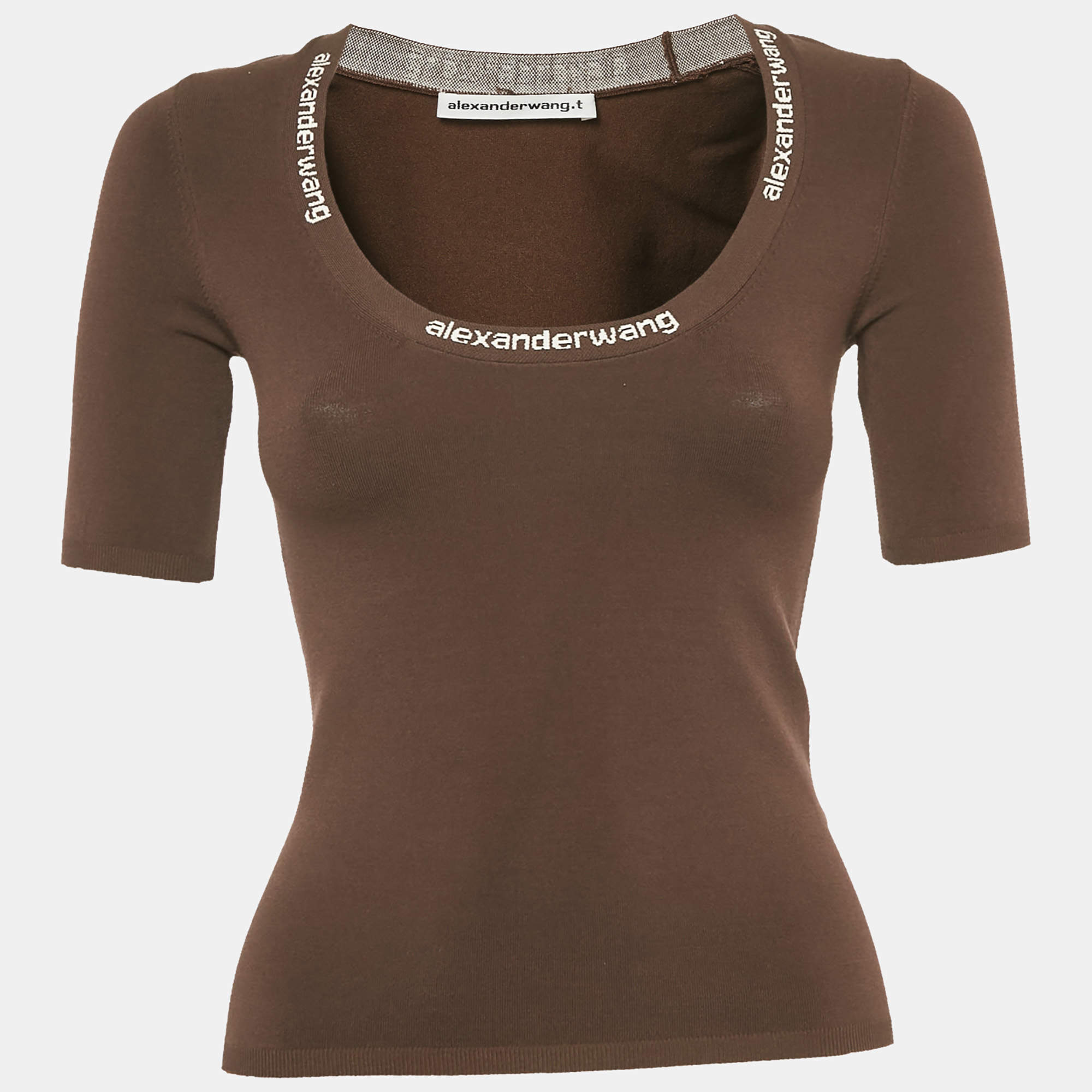 Pre Owned Alexander Wang.T Brown Logo Jacquard Neck Stretch Knit Top S