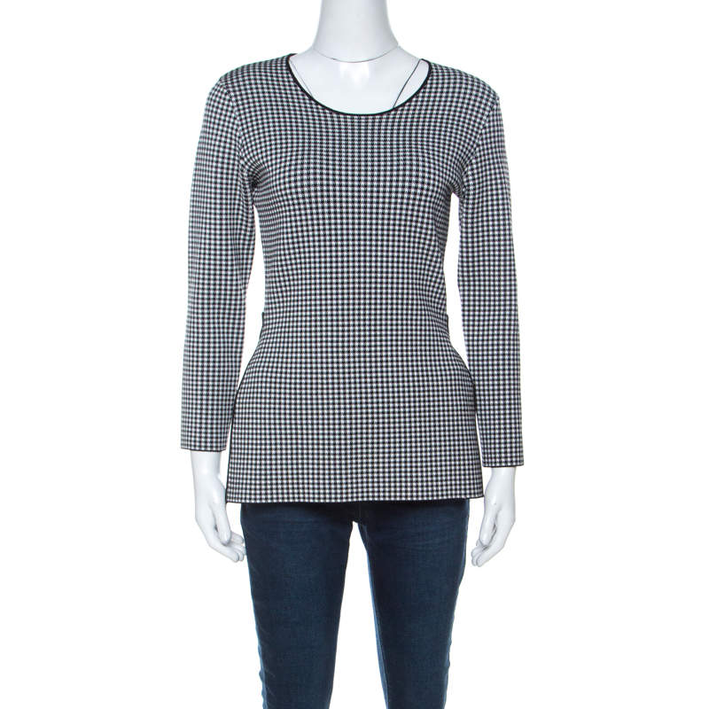 Alexander Wang Black & White Houndstooth Slit Detail Three Quarter Sleeve Top M