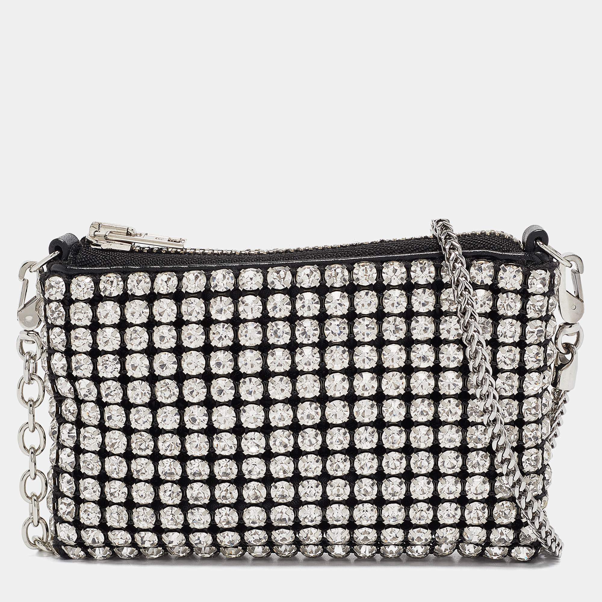 Alexander Wang Black/Silver Leather Nano Crystals Heiress Chain Clutch