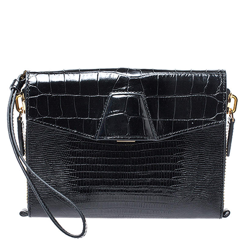 Pre Owned Alexander Wang Black Croc Embossed Leather Lydia Wristlet Clutch