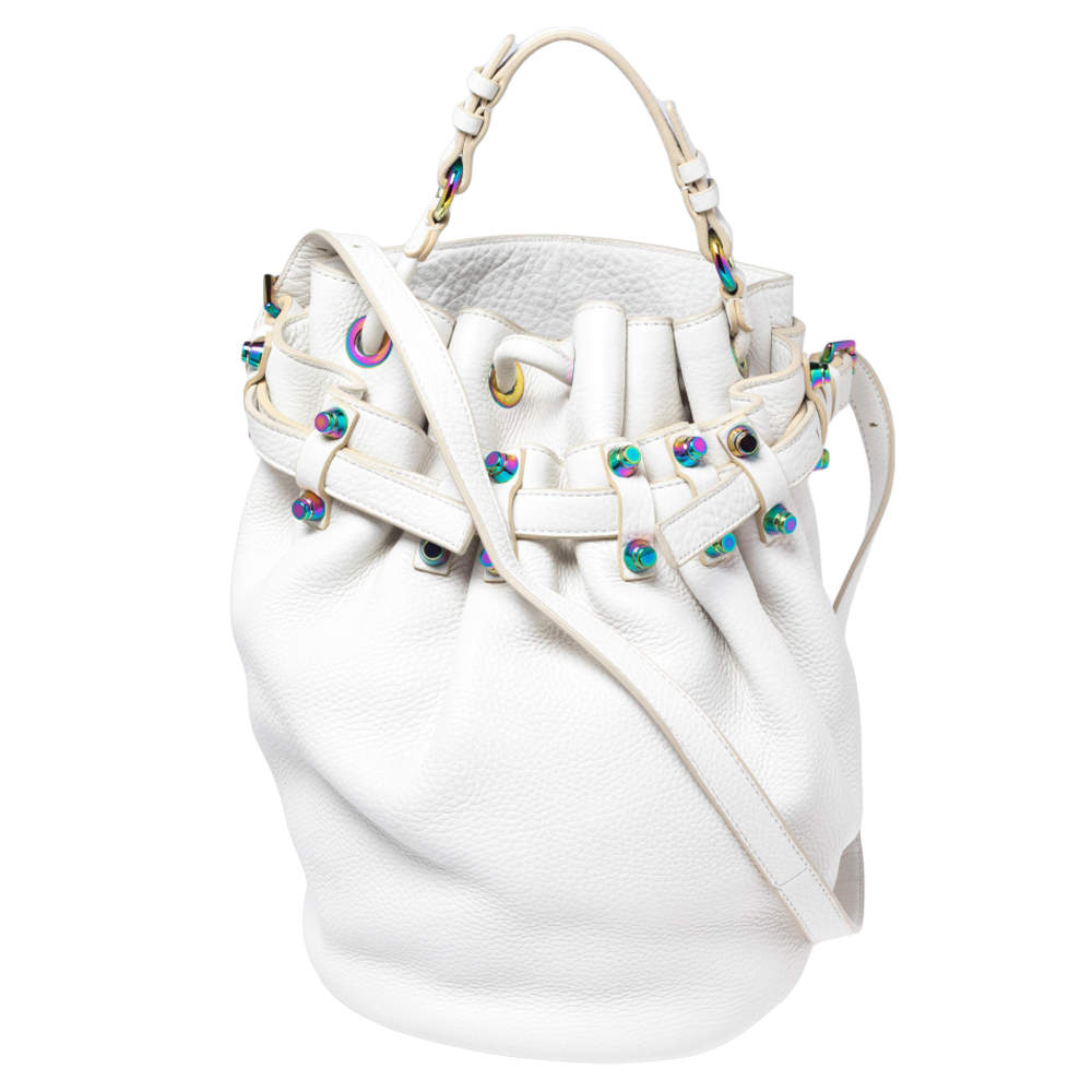 Pre Owned Alexander Wang White Leather Iridescent Stud Diego Bucket Bag