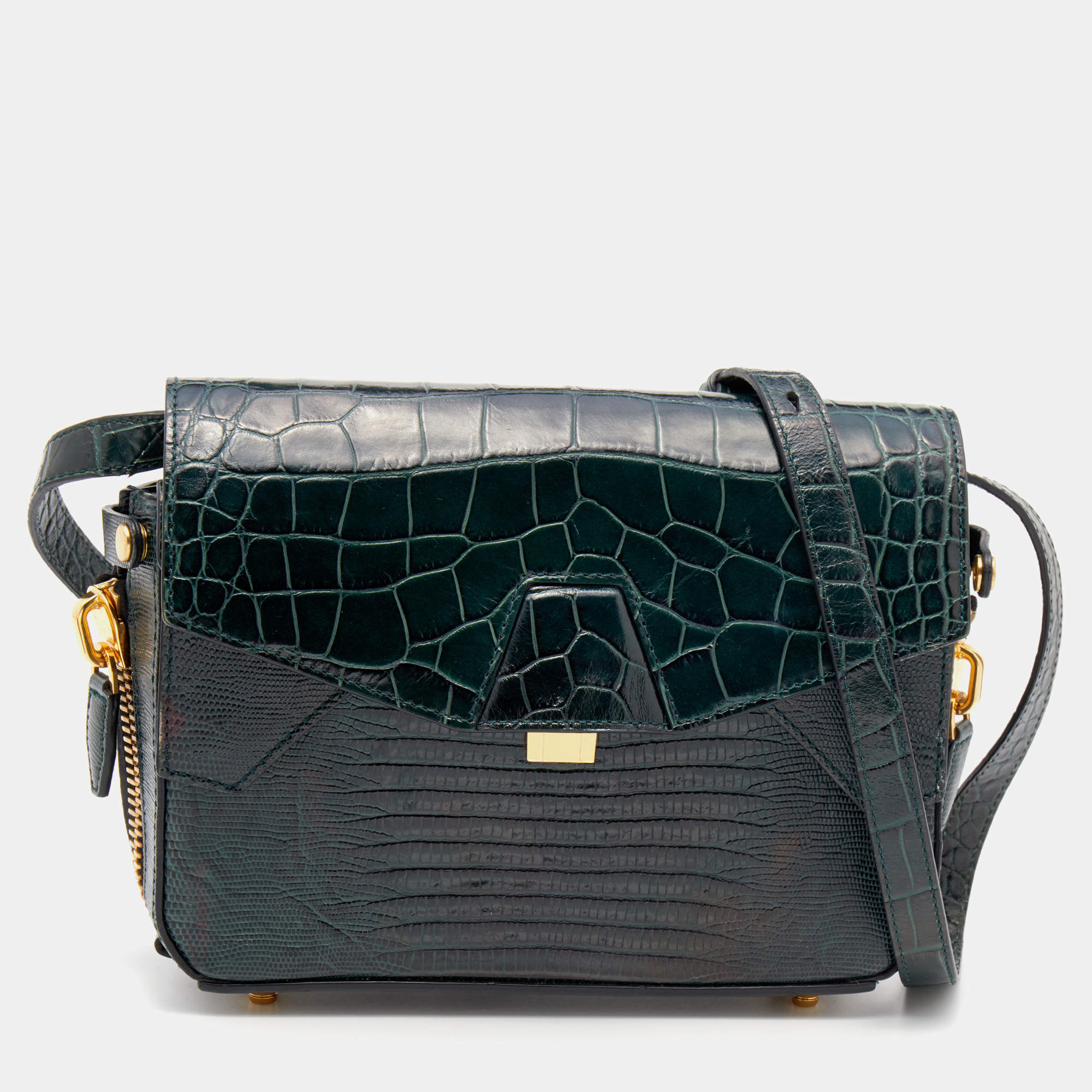 Alexander Wang Green Croc Embossed And Iguana Leather Marion Prisma  Shoulder Bag