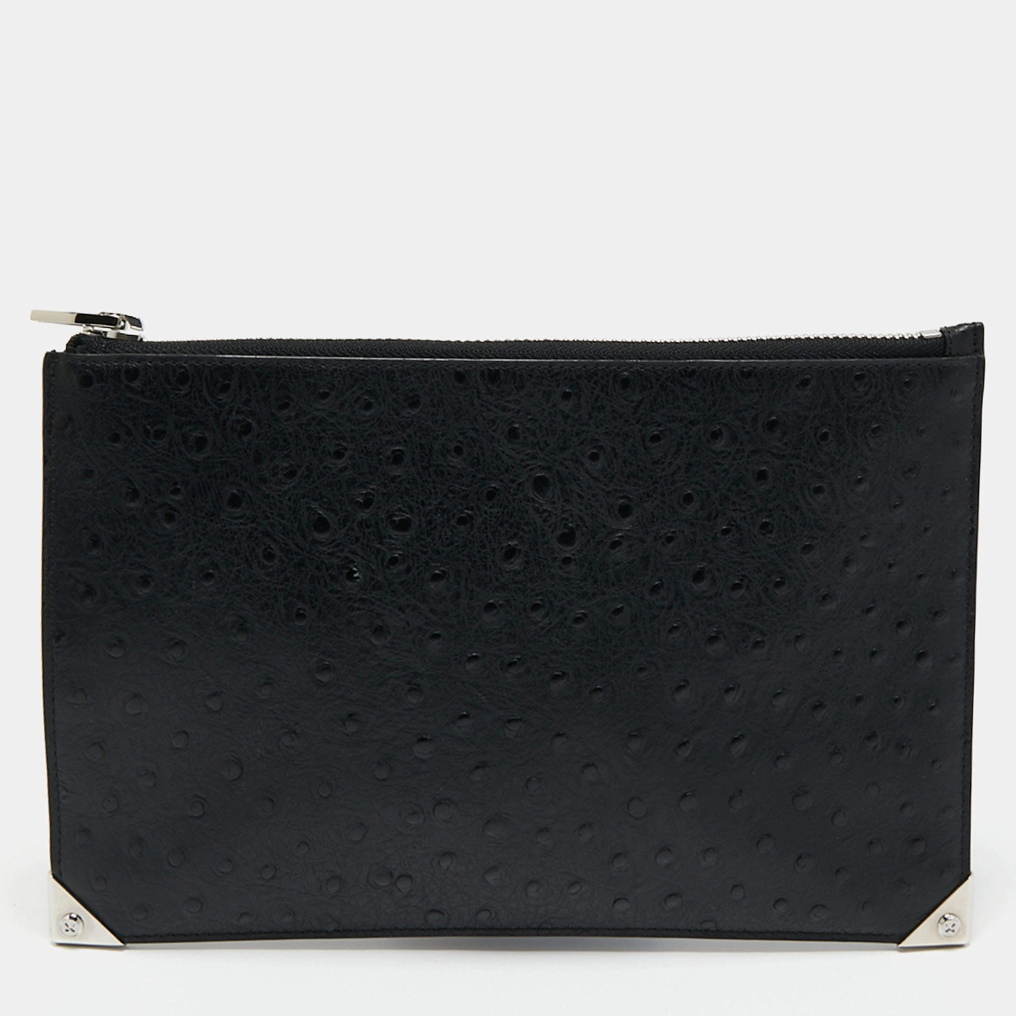 Alexander Wang Black Ostrich Embossed Leather Clutch