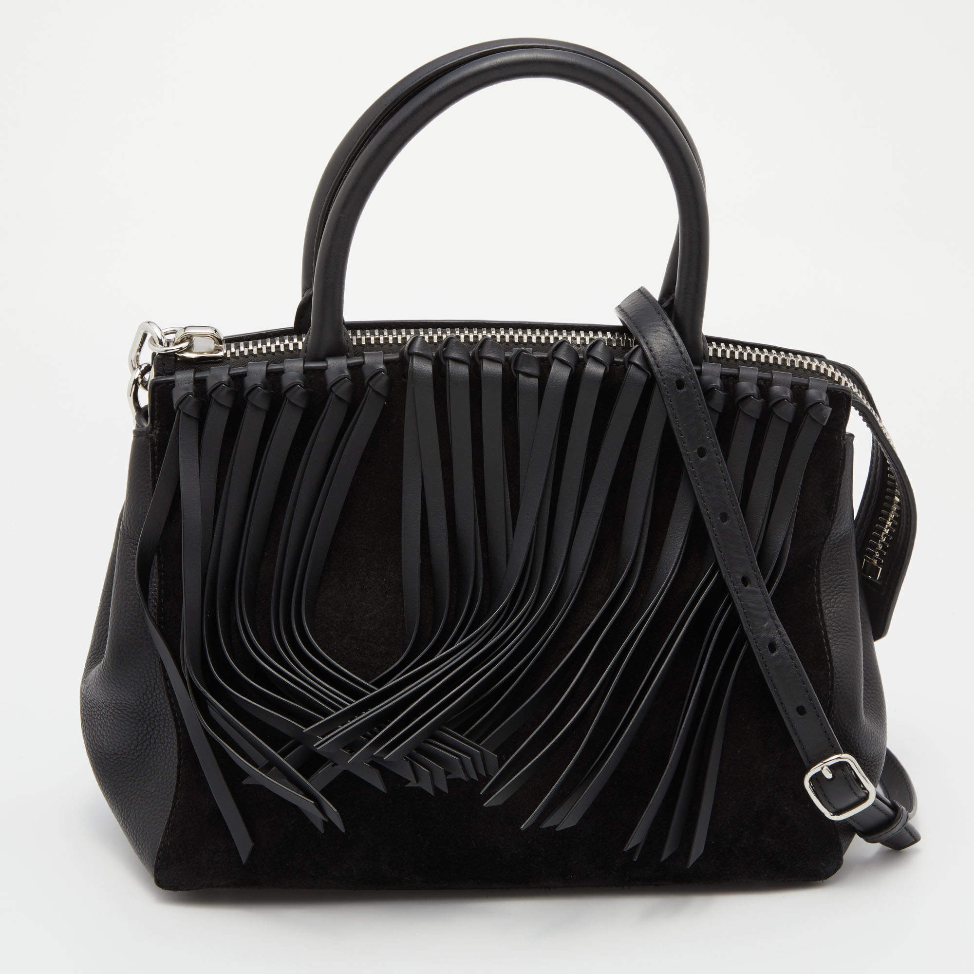 Alexander Wang Black Leather and Suede Attica Fringe Satchel