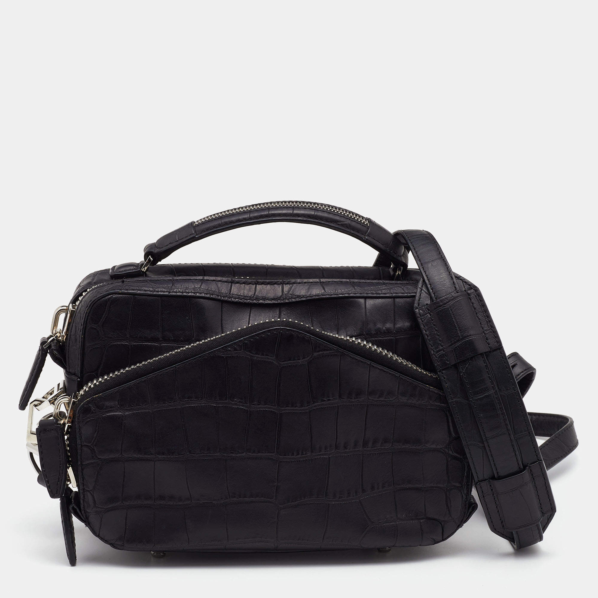 Alexander Wang Black Croc Embossed Leather Front Pocket Top Handle Bag 