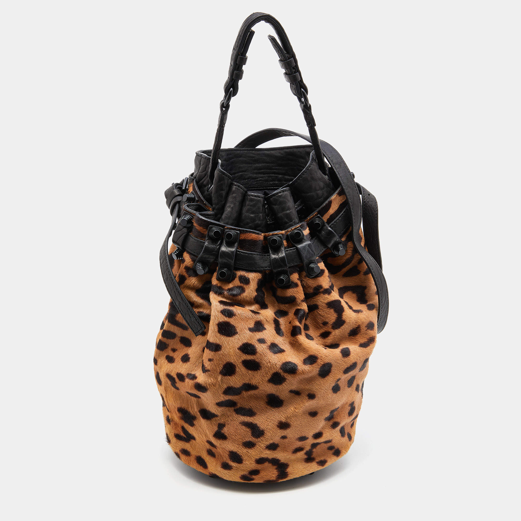 Alexander Wang Black Brown Leopard Print Calfhair and Leather Diego Bucket Bag Alexander Wang TLC