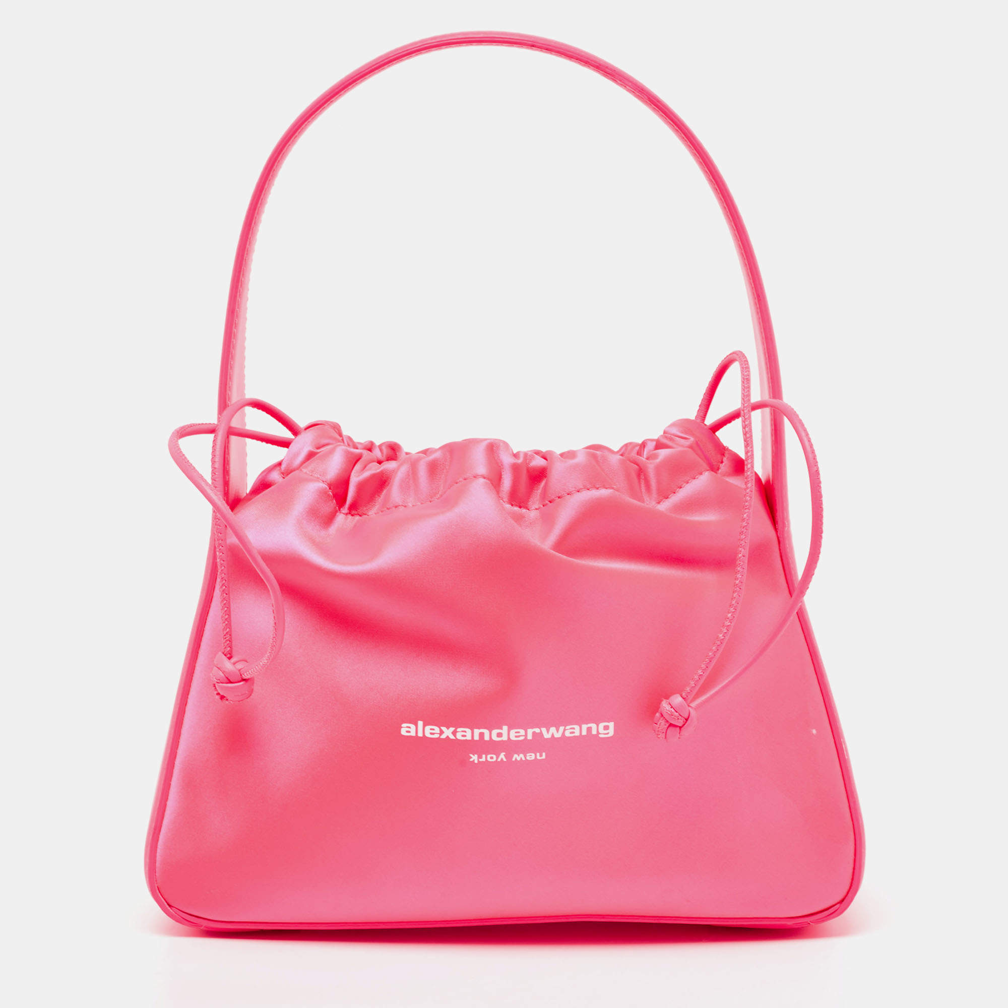 Alexander Wang Neon Pink Satin and Leather Ryan Drawstring Bag