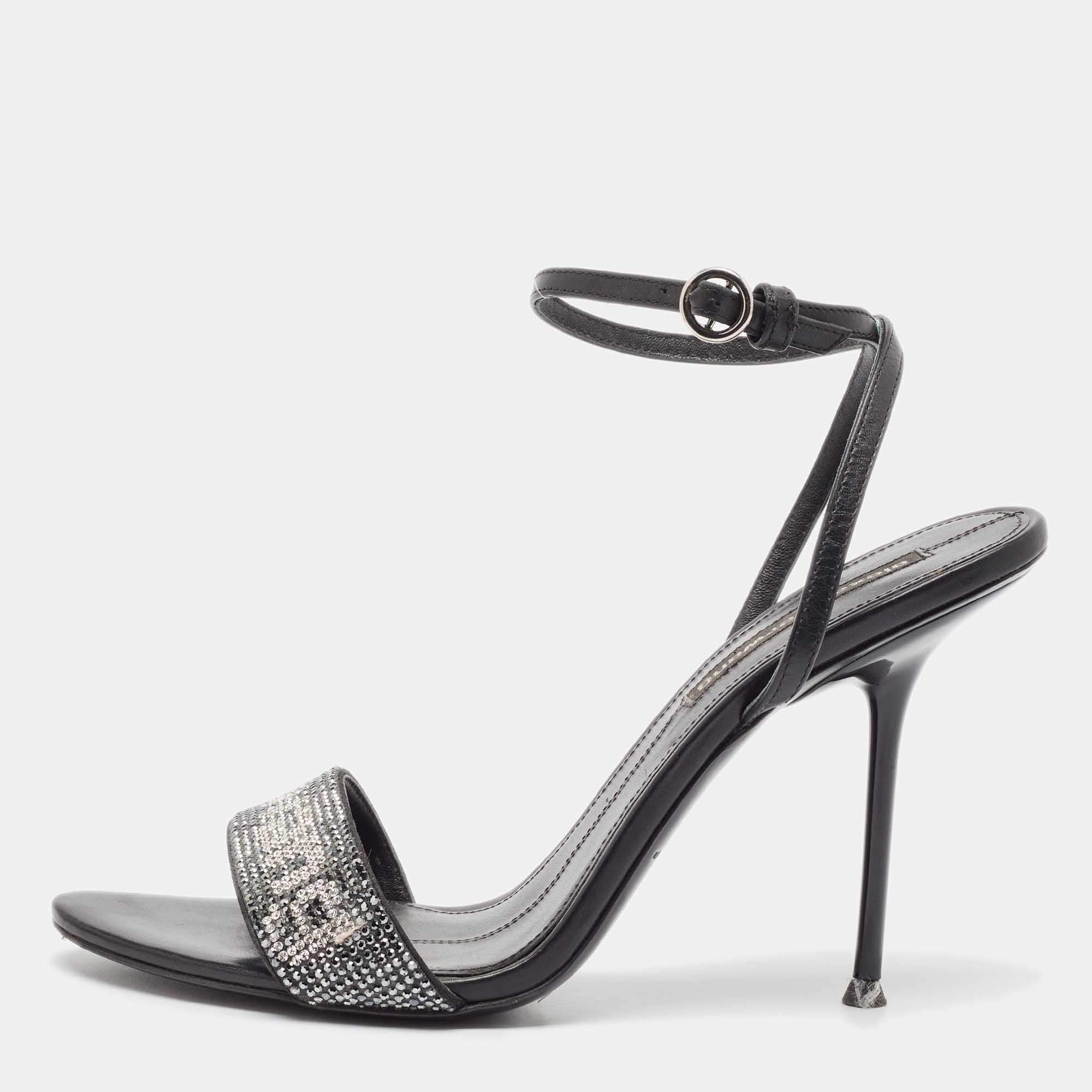 Alexander Wang Black Crystal Embellished Ankle Strap Sandals Size 37.5