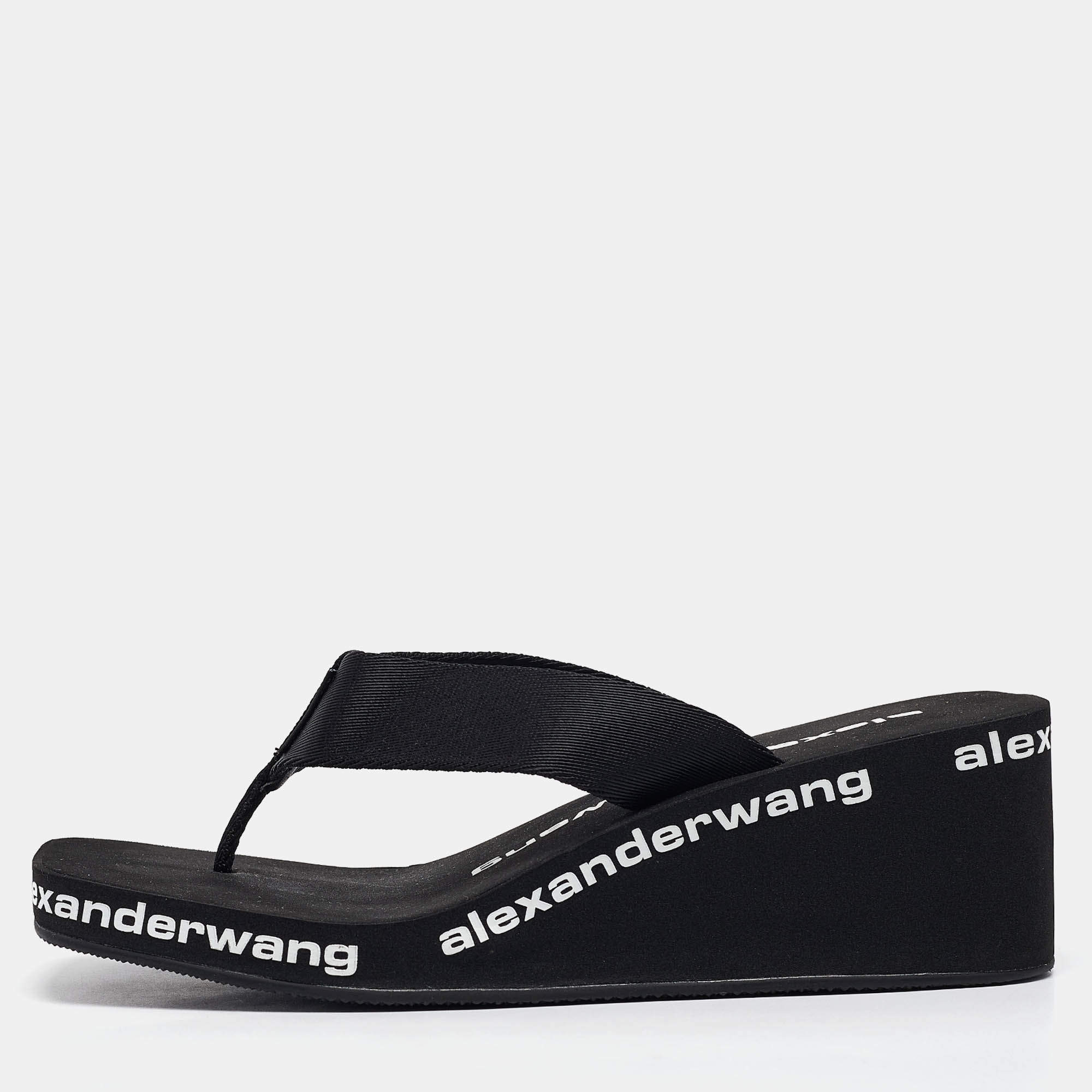 Alexander Wang Black Canvas Thong Wedge Sandals Size 37