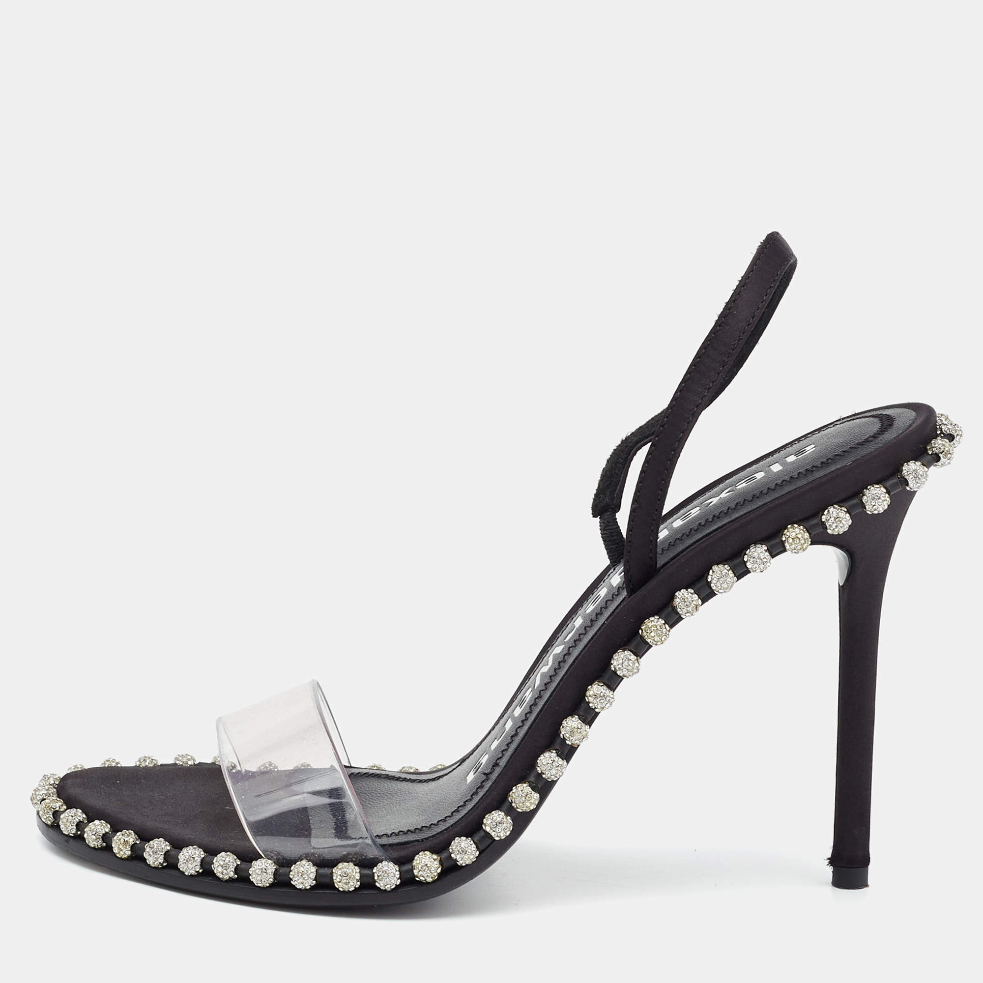 Pre Owned Alexander Wang Black Satin and PVC Studded Nova Slingback Sandals Size 37