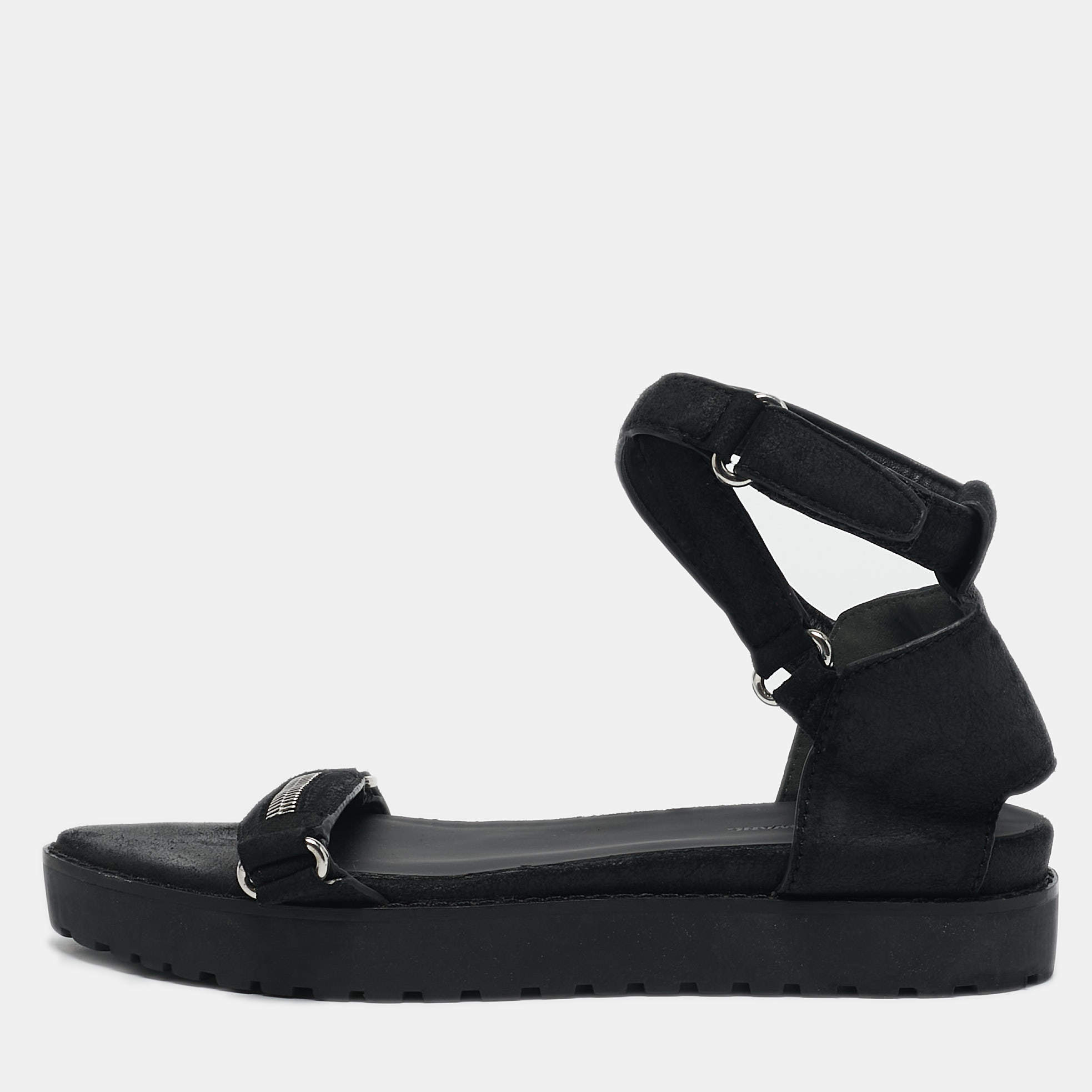 Alexander Wang Black Nubuck Leather Flat Sandals Size 37
