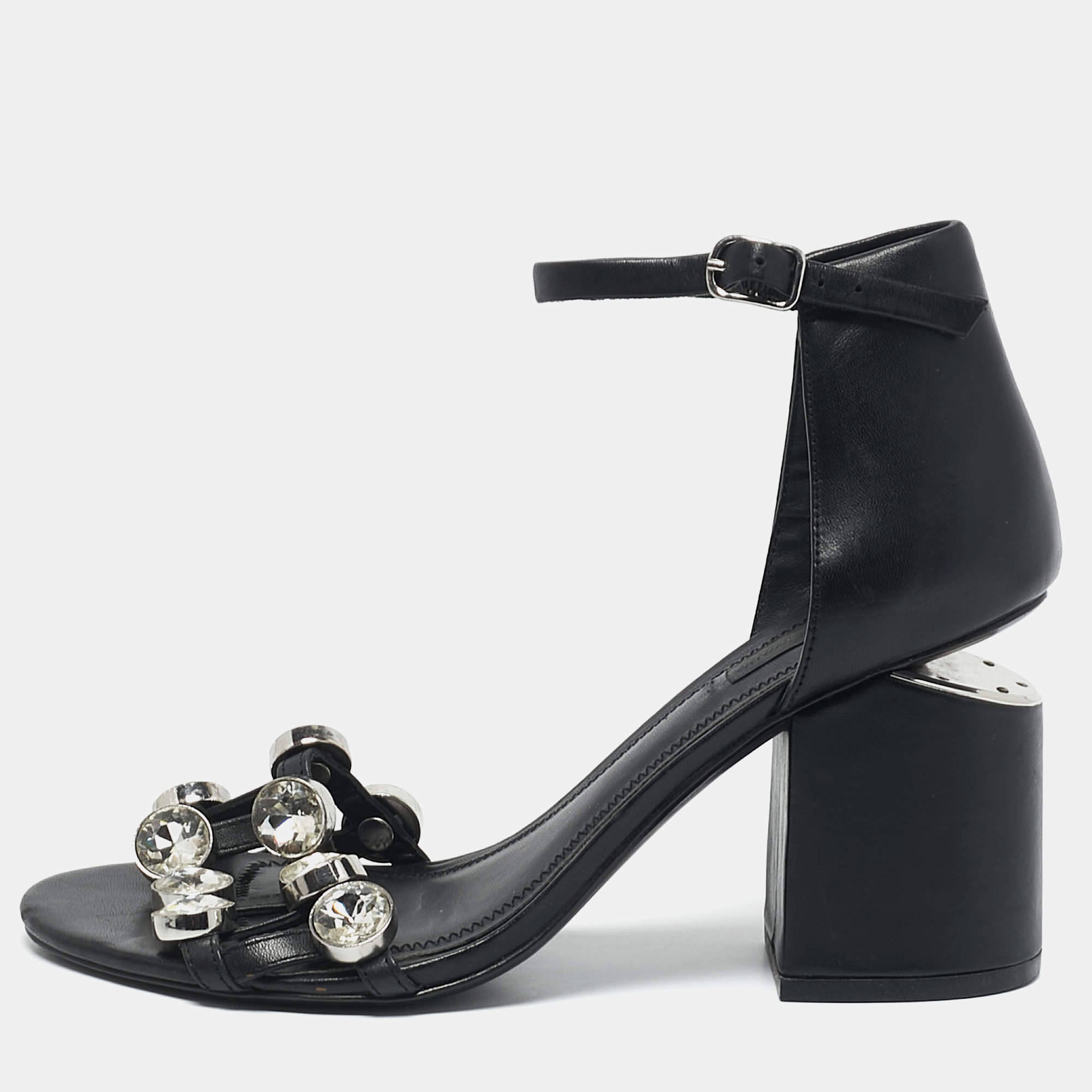 Alexander Wang Black Leather Abby Crystals Ankle Strap Sandals Size 37