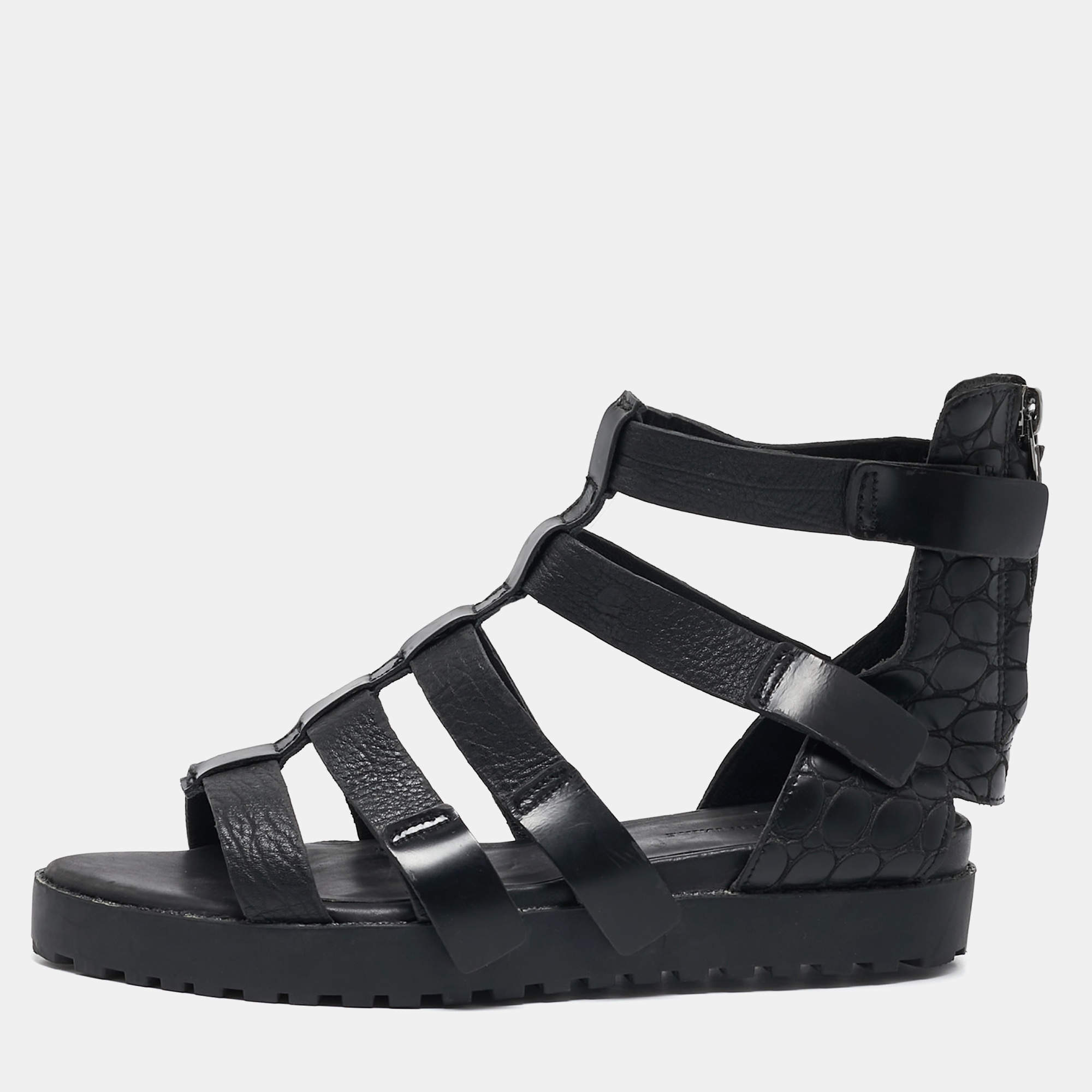Alexander Wang Black Croc Embossed Leather and Leather Ankle Strap Sandals Size 37