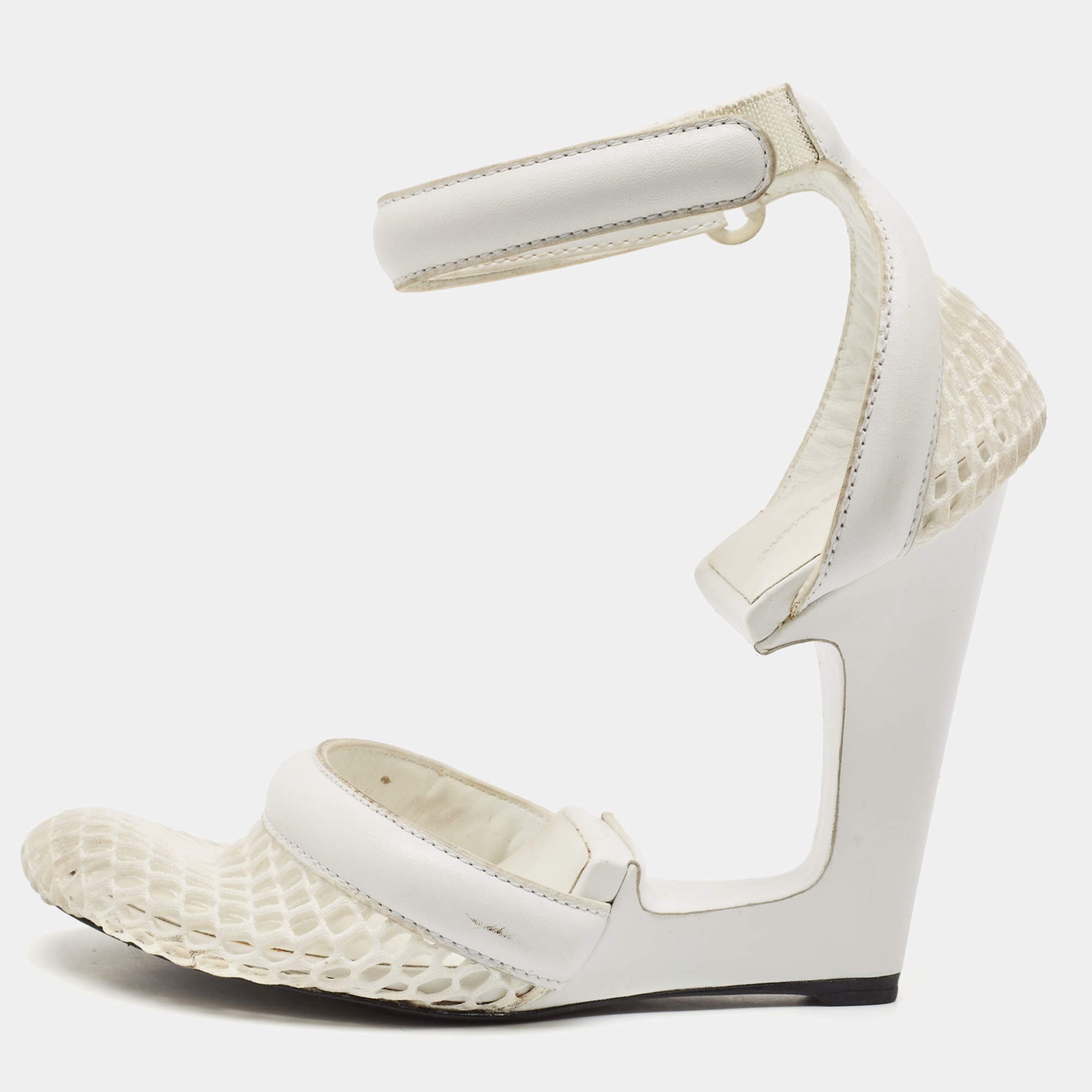 Alexander Wang White Leather and Mesh Ankle Wedge Ankle Strap Pumps Size 37