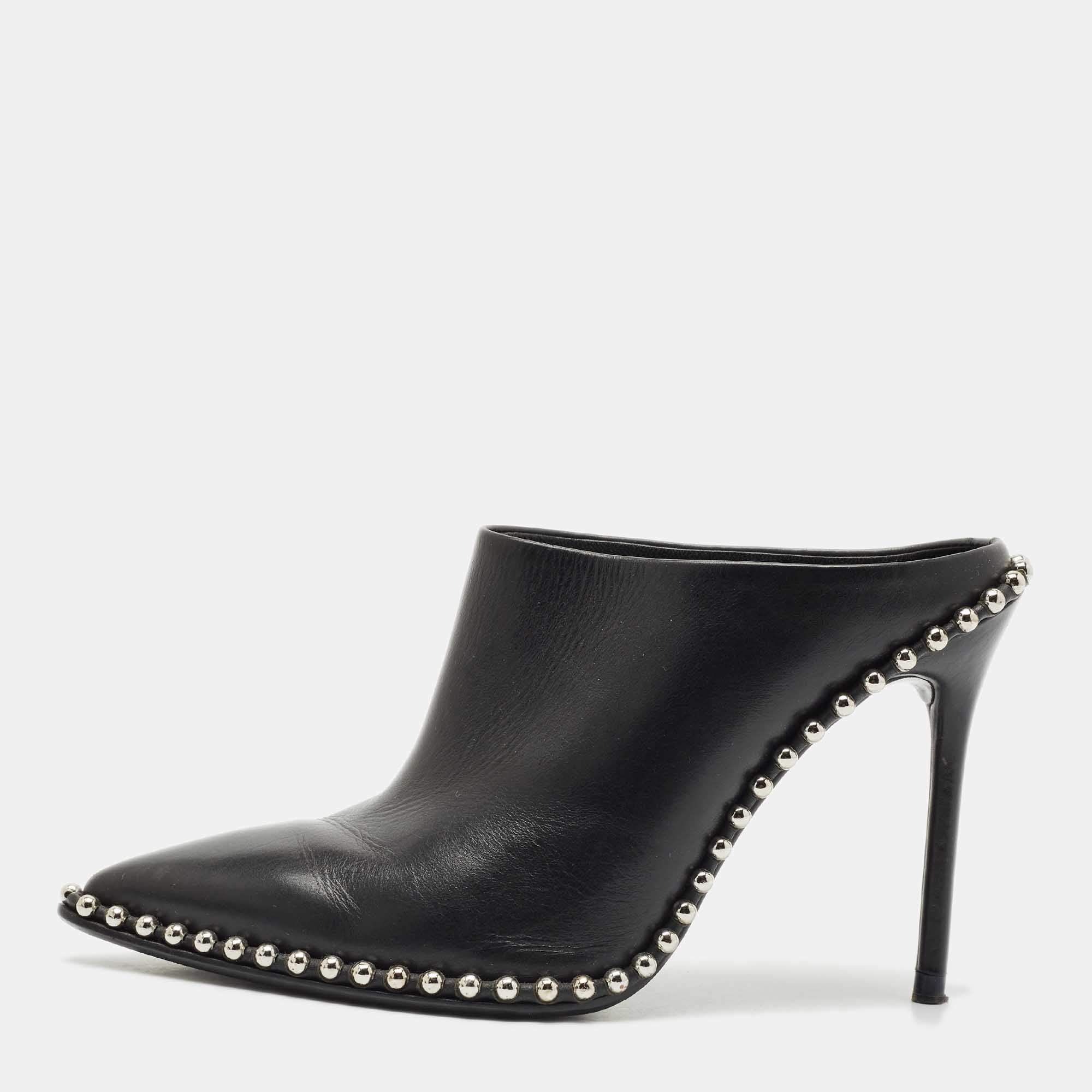 Alexander Wang Black Leather Eri Studded Pointed Toe Mules Size 37