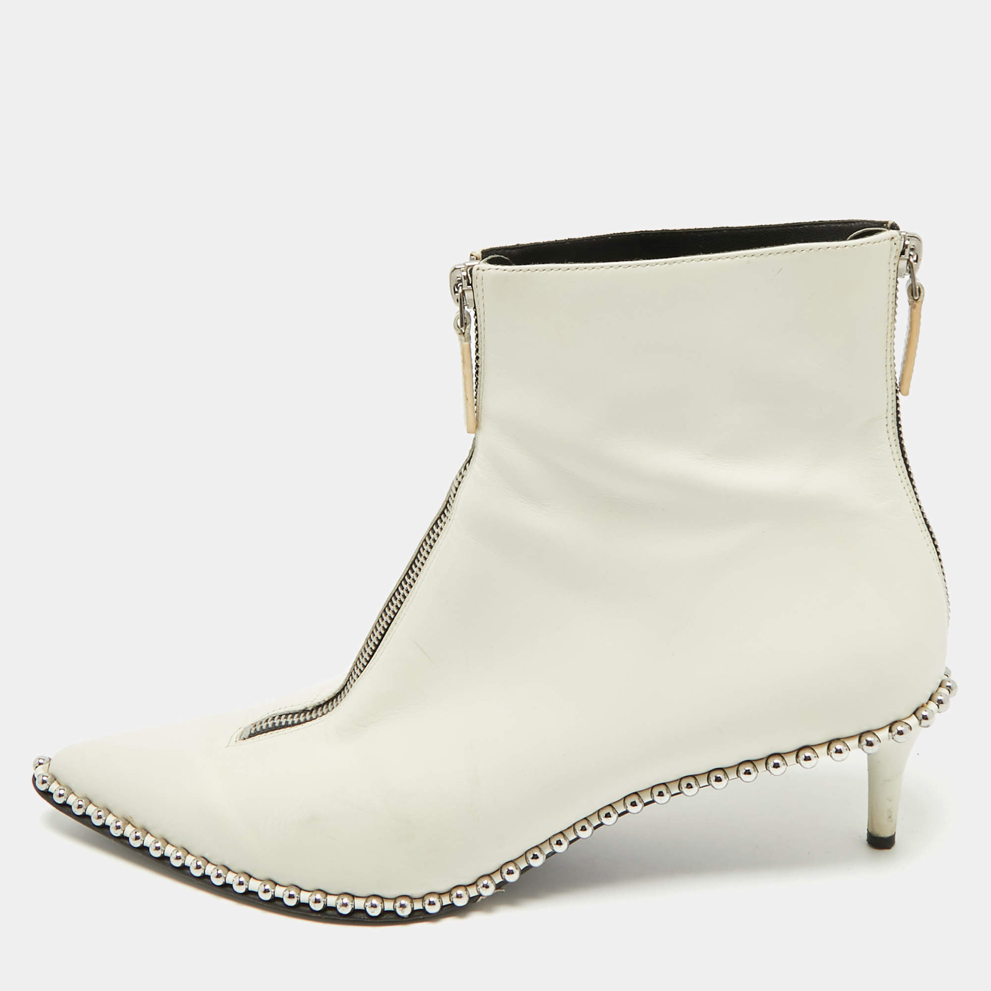 Pre Owned Alexander Wang White Leather Eri Studded Ankle Length Boots Size 41