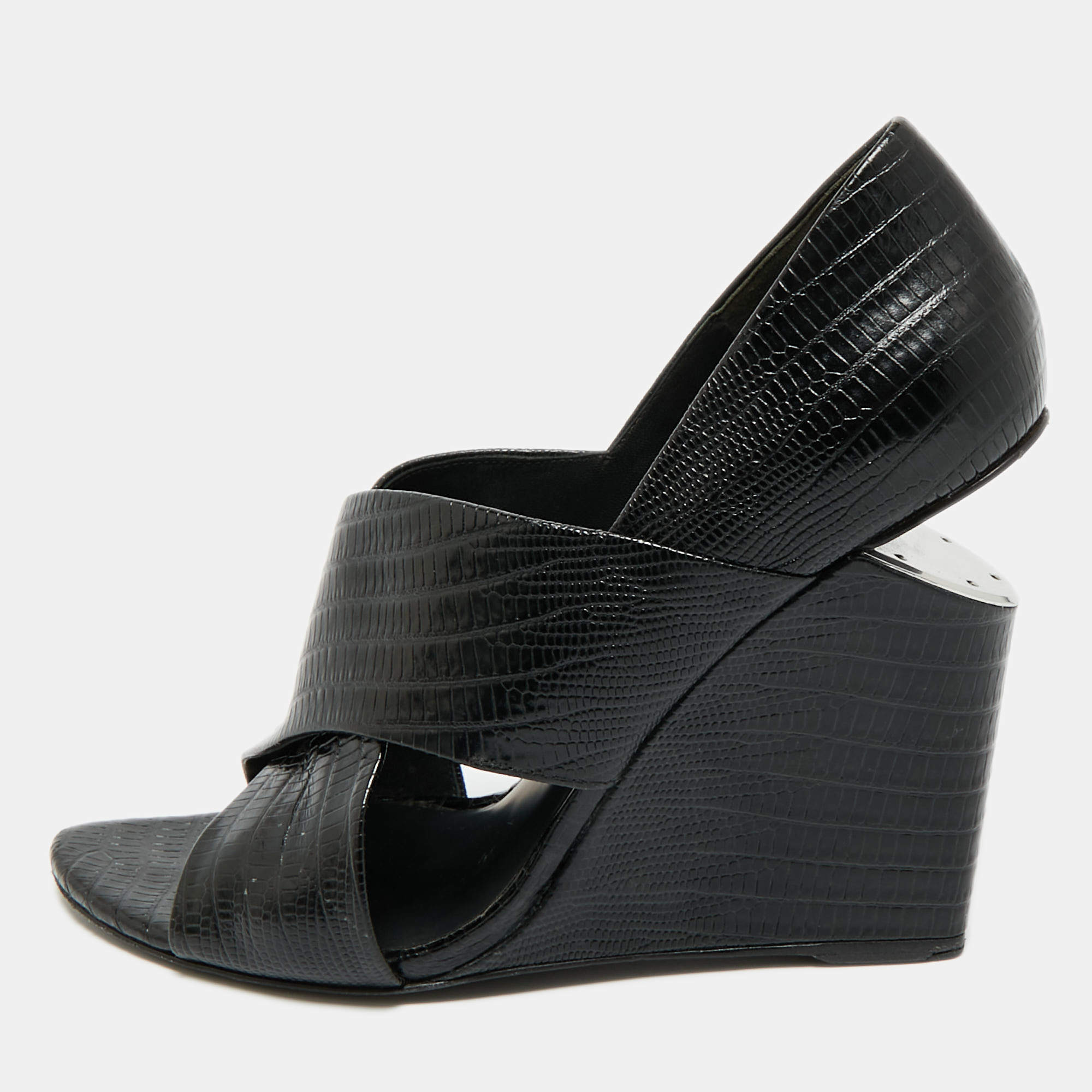 Pre Owned Alexander Wang Black Lizard Embossed Leather Cross Strap Wedge Sandals Size 40