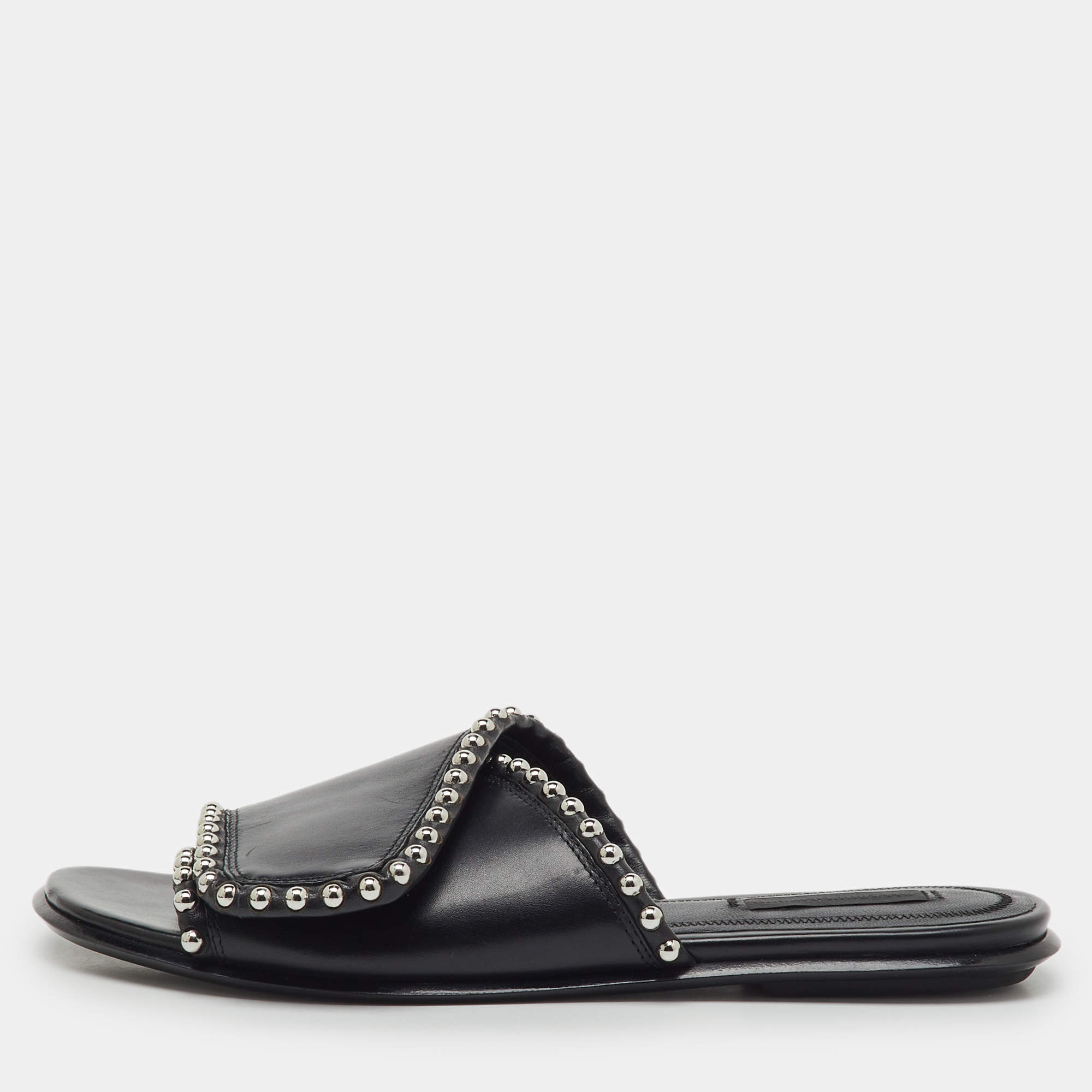 مملوكة مسبقًا Alexander Wang Black Leather Leidy Studded Flat Slide Sandals Size 38