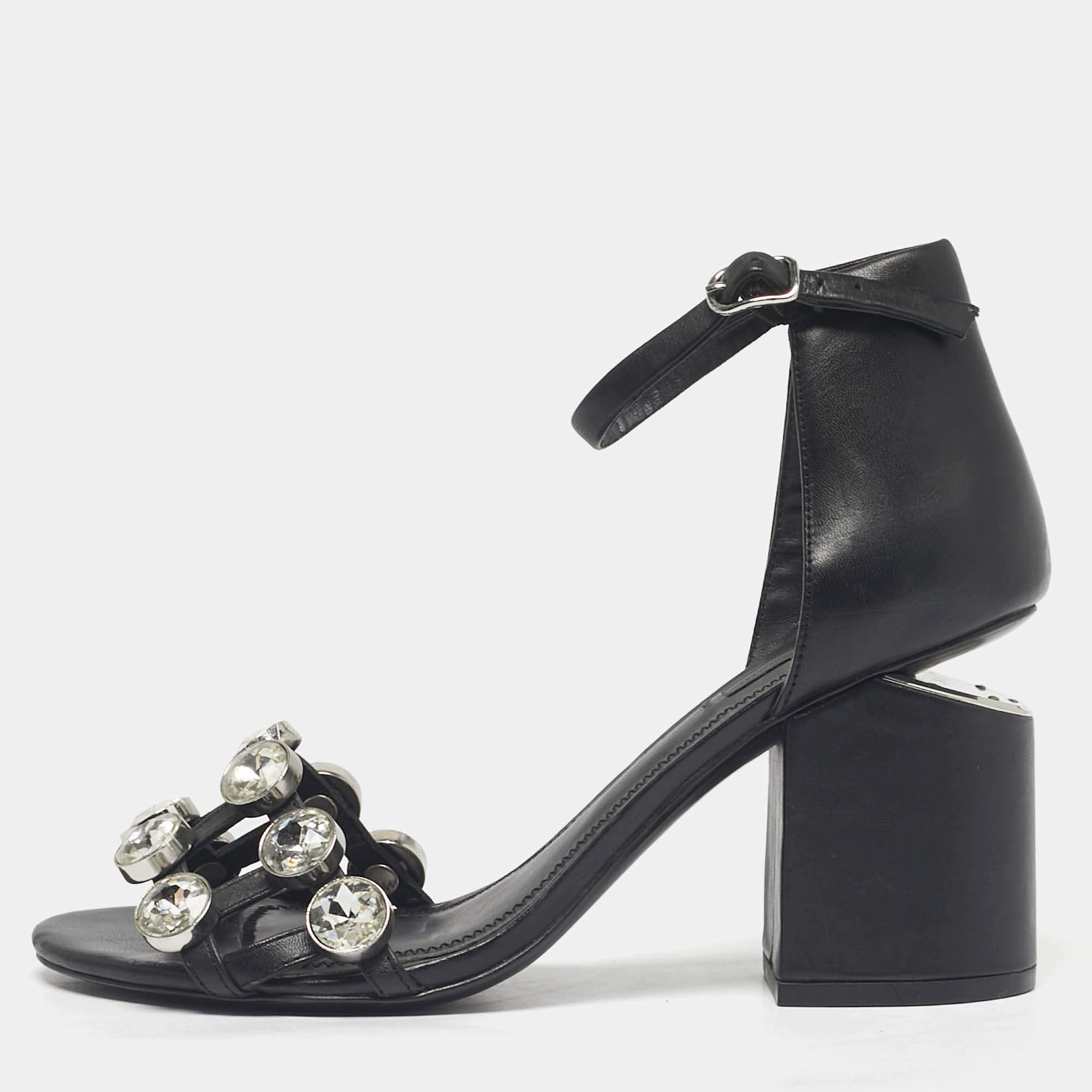 Pre Owned Alexander Wang Black Leather Crystal Embellished Abby Ankle Strap Sandals Size 37