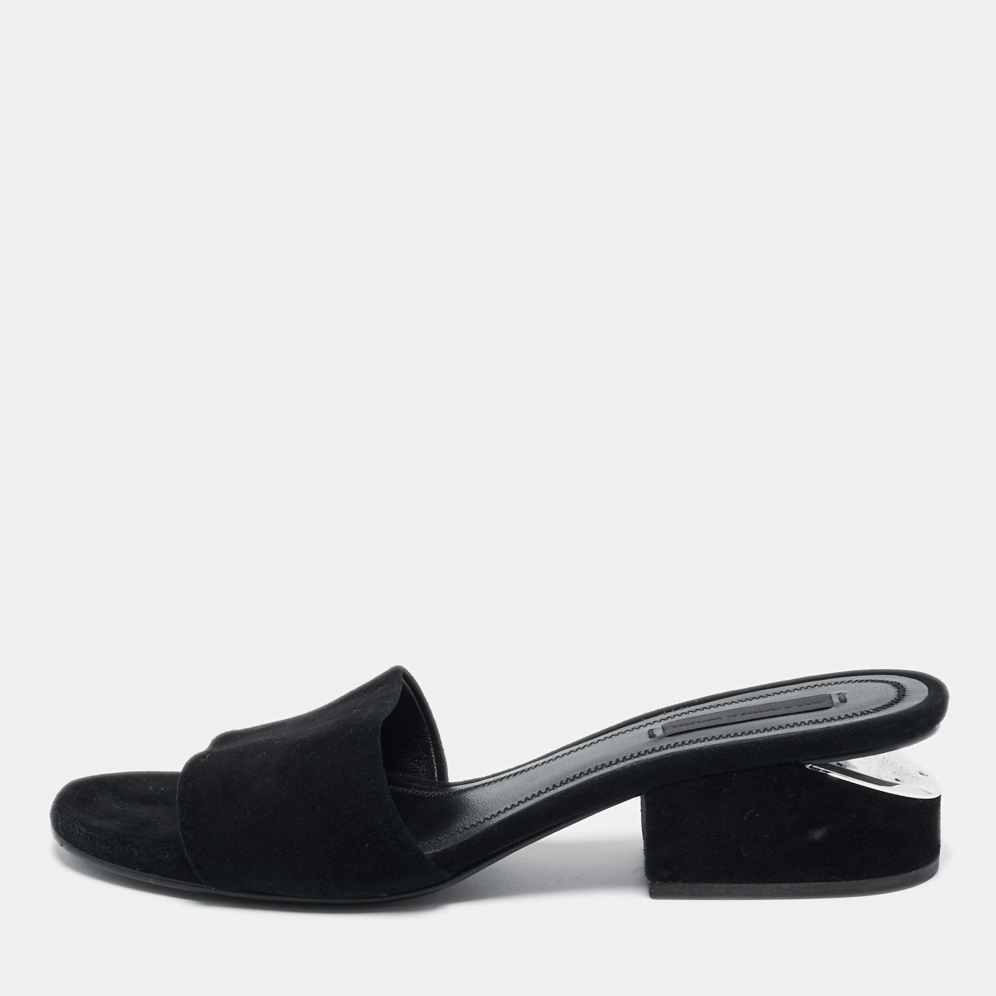 Pre Owned Alexander Wang Black Suede Cut-Out Block Heel Slide Sandals  Size 36.5