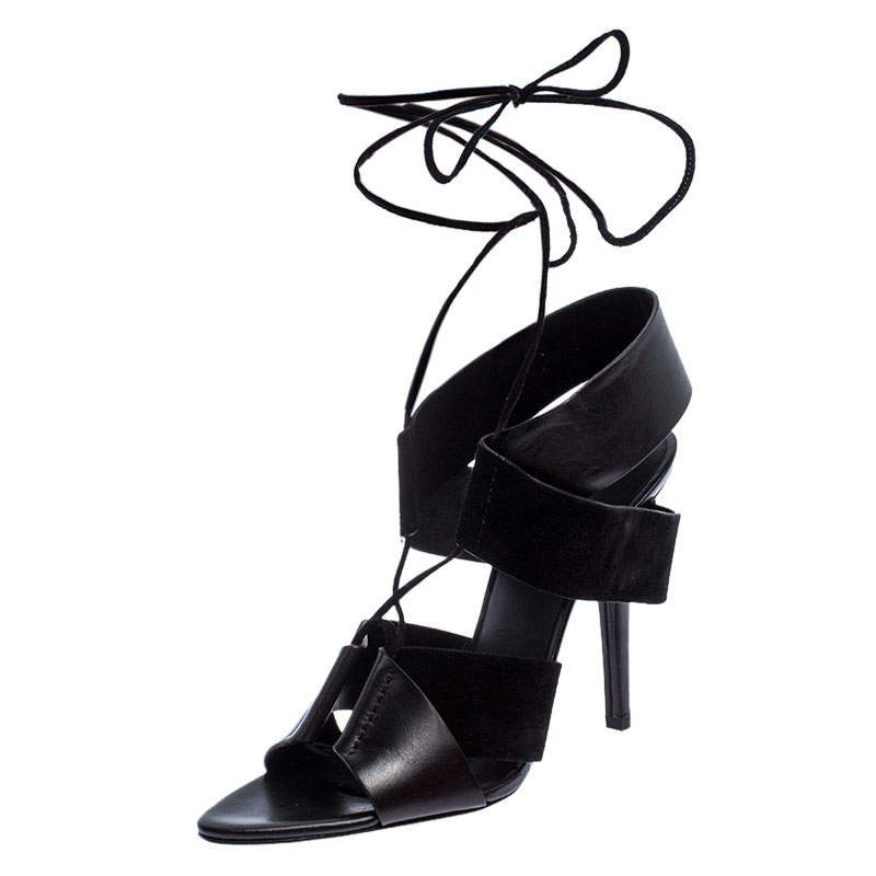 Alexander Wang Black Leather and Suede Malgosia Ankle Wrap Sandals Size 39.5