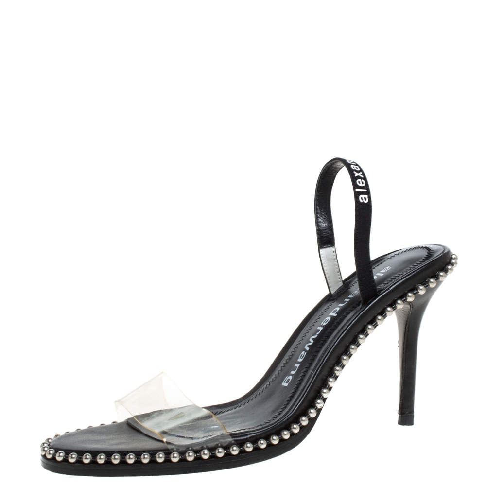 Alexander Wang Black Leather and PVC Studded Slingback Nova Sandals Size 38