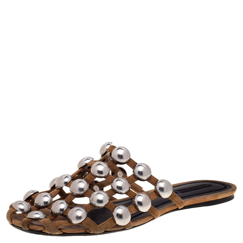 Alexander Wang Beige Suede Embellished Flat Sandals Size 40 