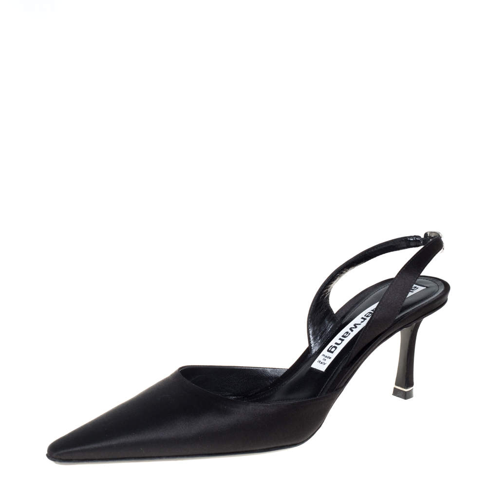 Pre Owned Alexander Wang Black Satin Crystal Embellished Logo Slingback Pointed Toe Sandals Size 40