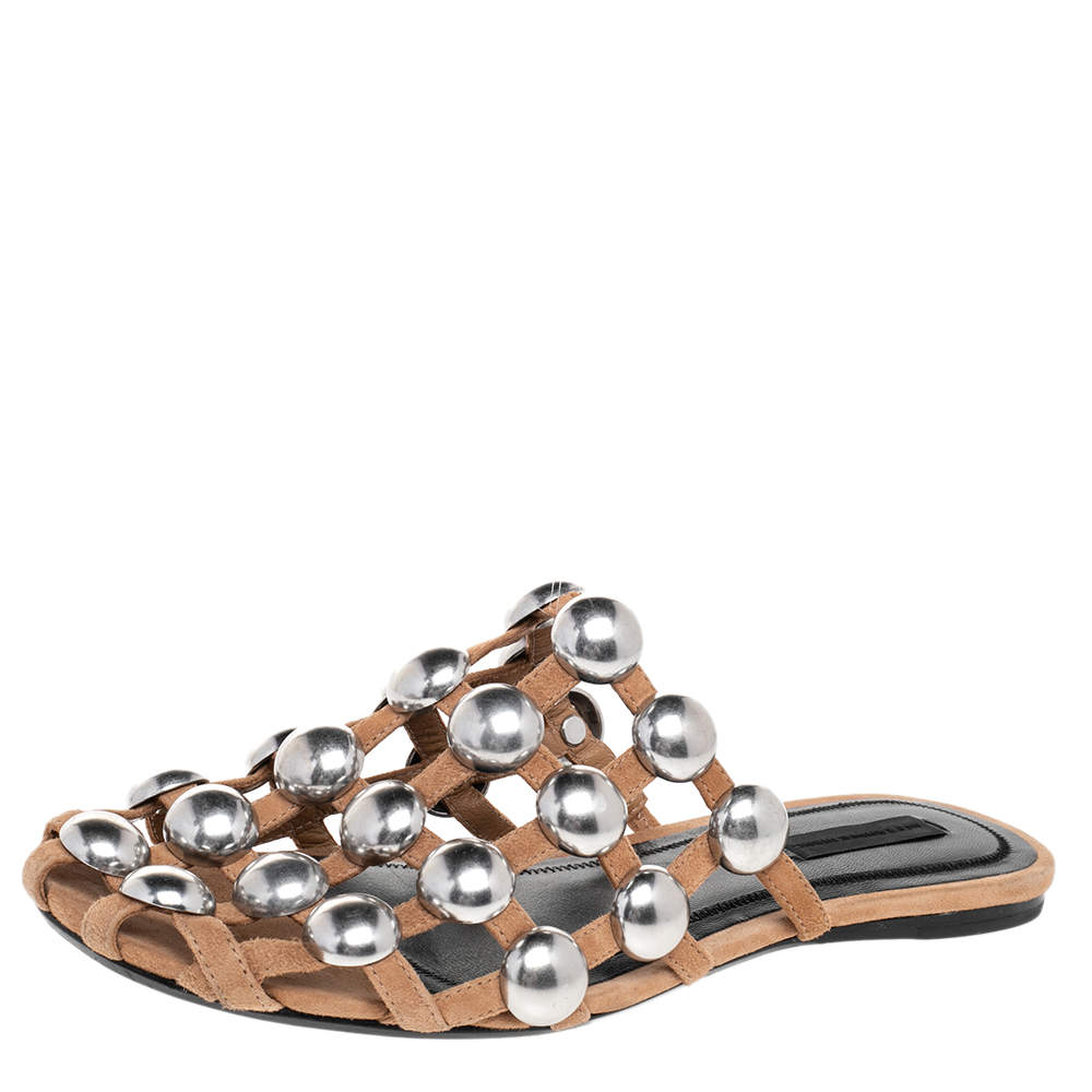 Pre Owned Alexander Wang Beige Suede Amelia Studded Flat Mules Size 37.5
