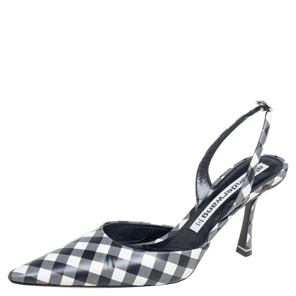 Alexander Wang Grey/Black Leather Crystal Embellished Logo Slingback Pointed Toe Sandals Size 40