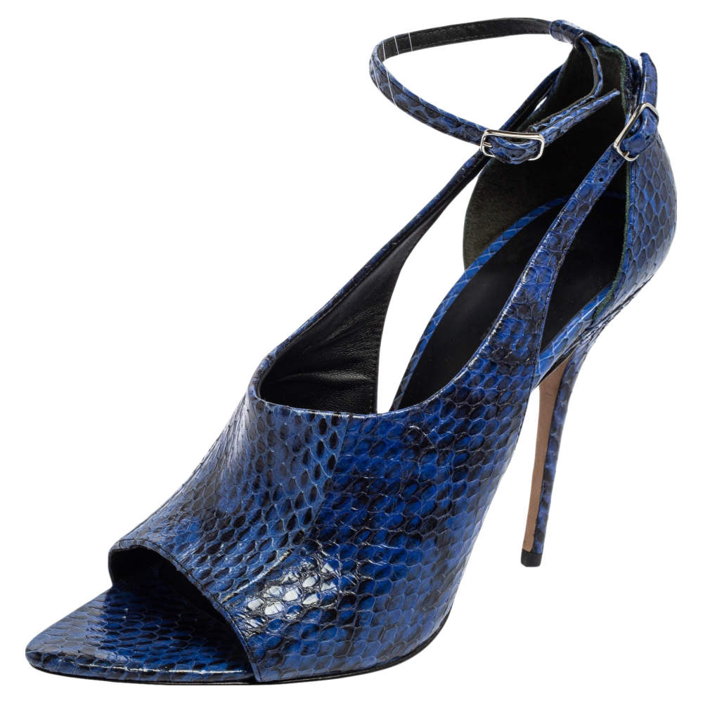 مملوكة مسبقًا Alexander Wang Blue Snakeskin Embossed Leather Carolyn Ankle-Strap Sandal Size 39