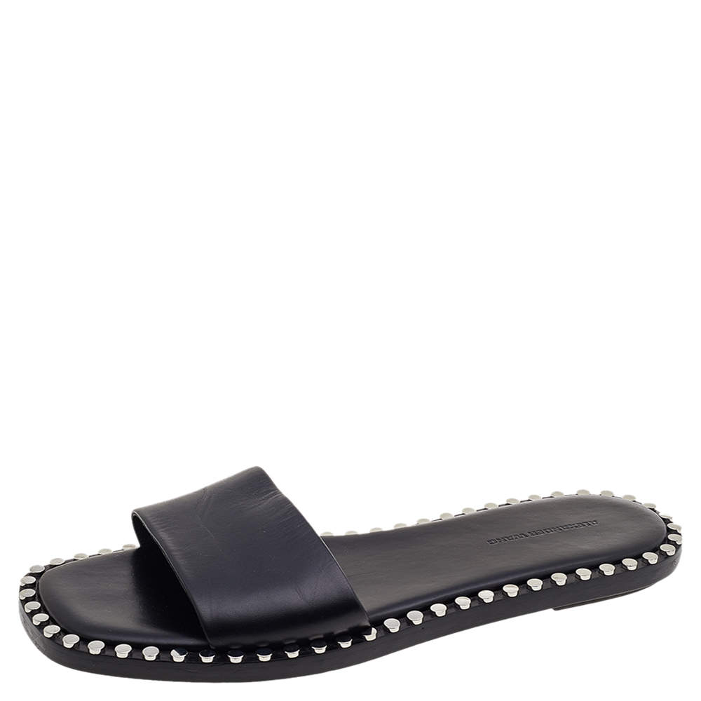 Alexander Wang Black Leather Studded Flat Slides Size 37.5