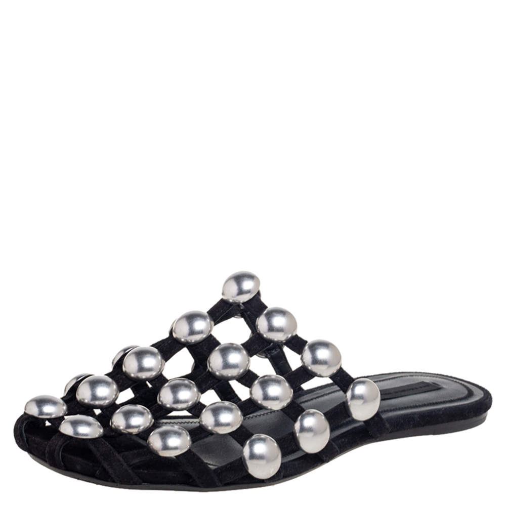 Alexander Wang Black Leather Amelia Studded Flat Slides Size 38