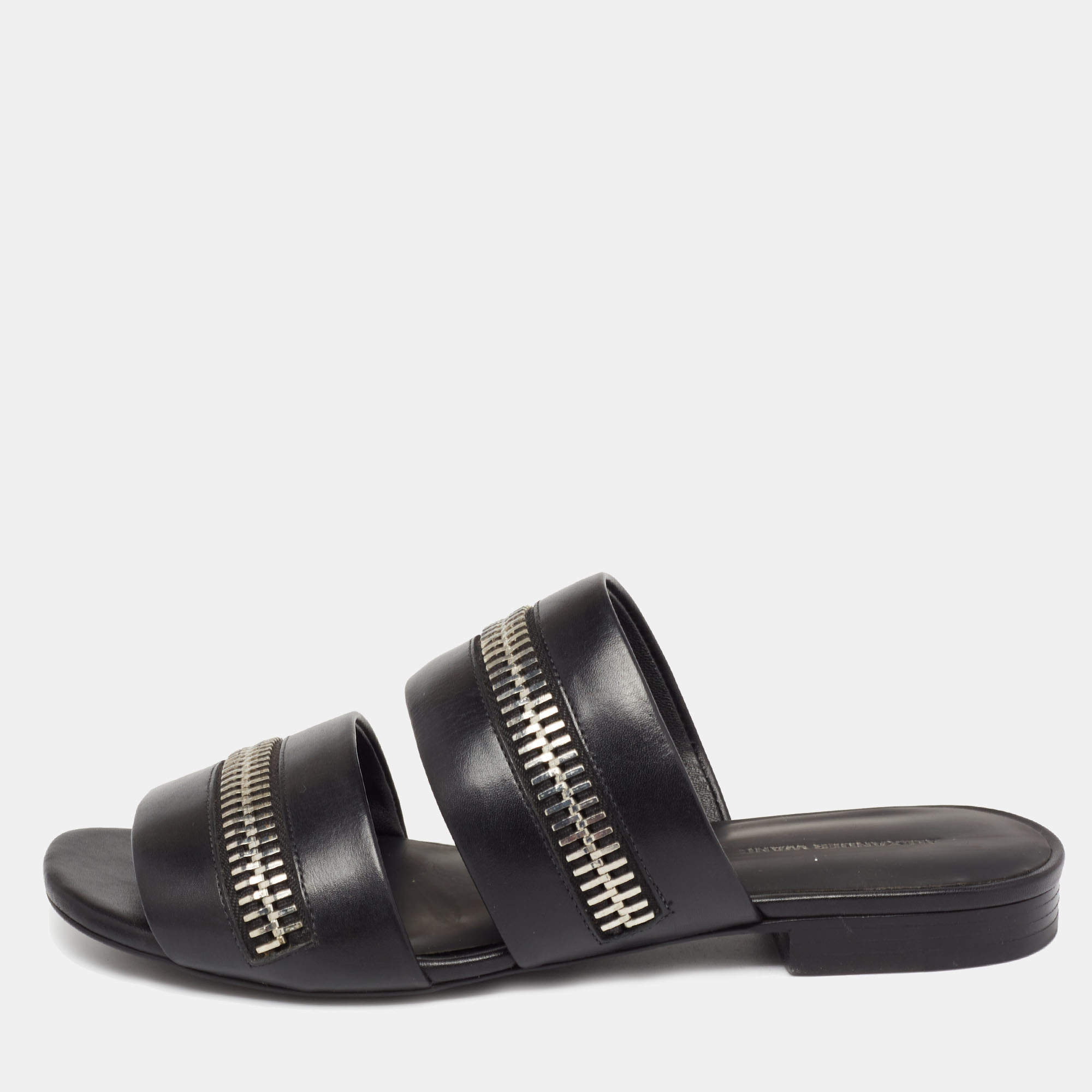 Pre Owned Alexander Wang Black Leather Zip Detail Flat Sandals Size 37