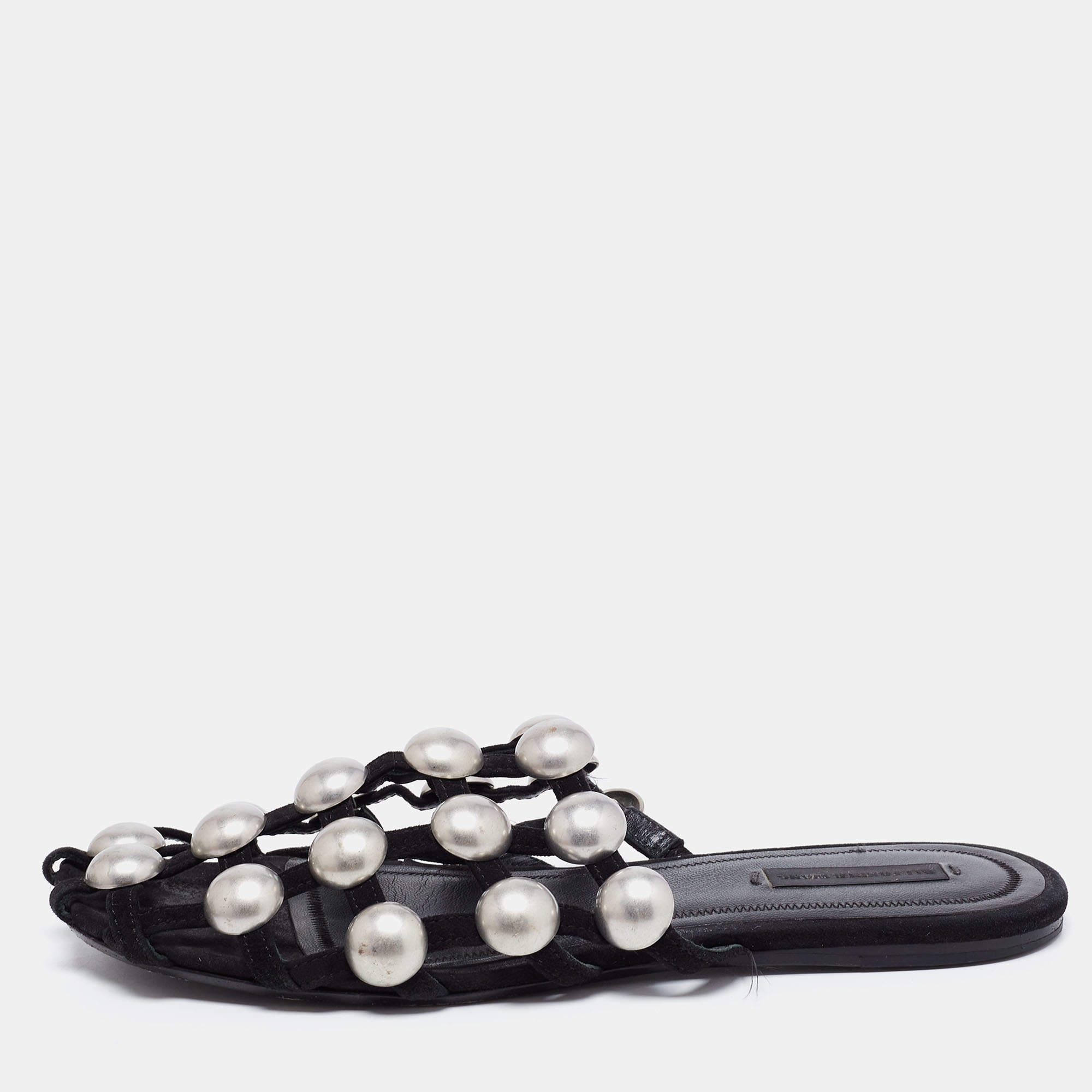 Alexander Wang Black Suede Amelia Studded Flat Slides Size 38