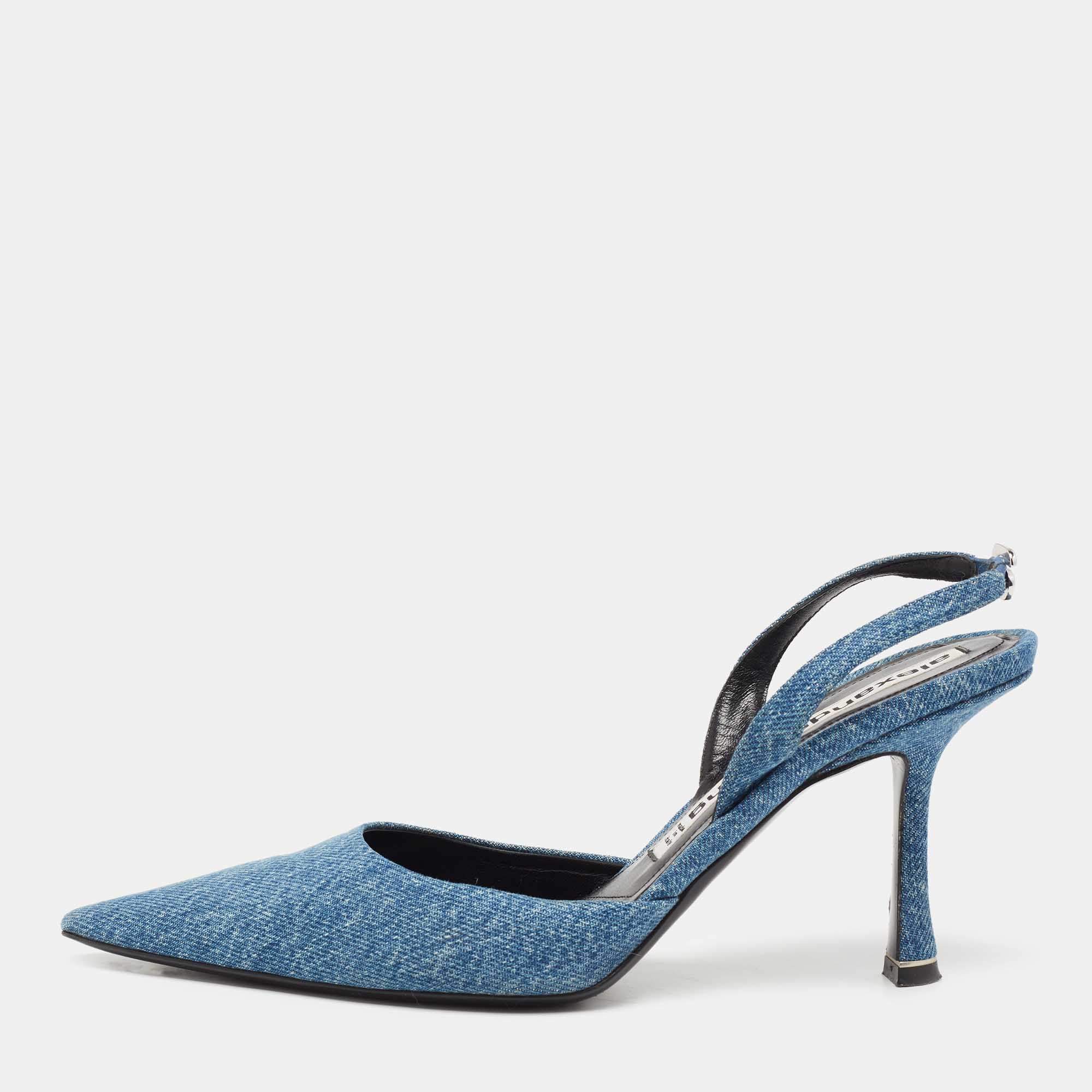 Pre Owned Alexander Wang Blue Denim Logo Plaque Grace Slingback Sandals Size 39.5