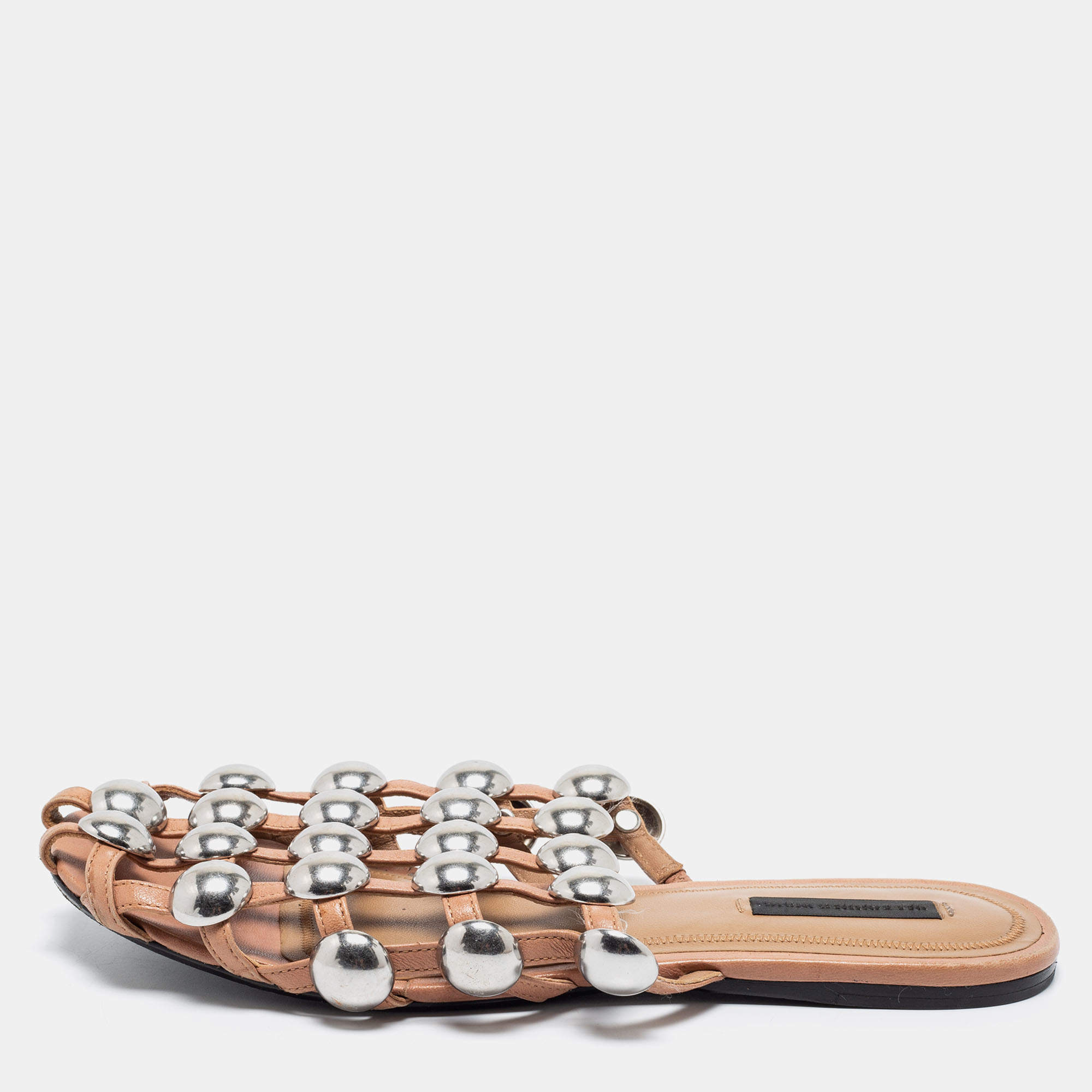 Alexander Wang Beige Leather Amelia Studded Flat Slides Size 37 