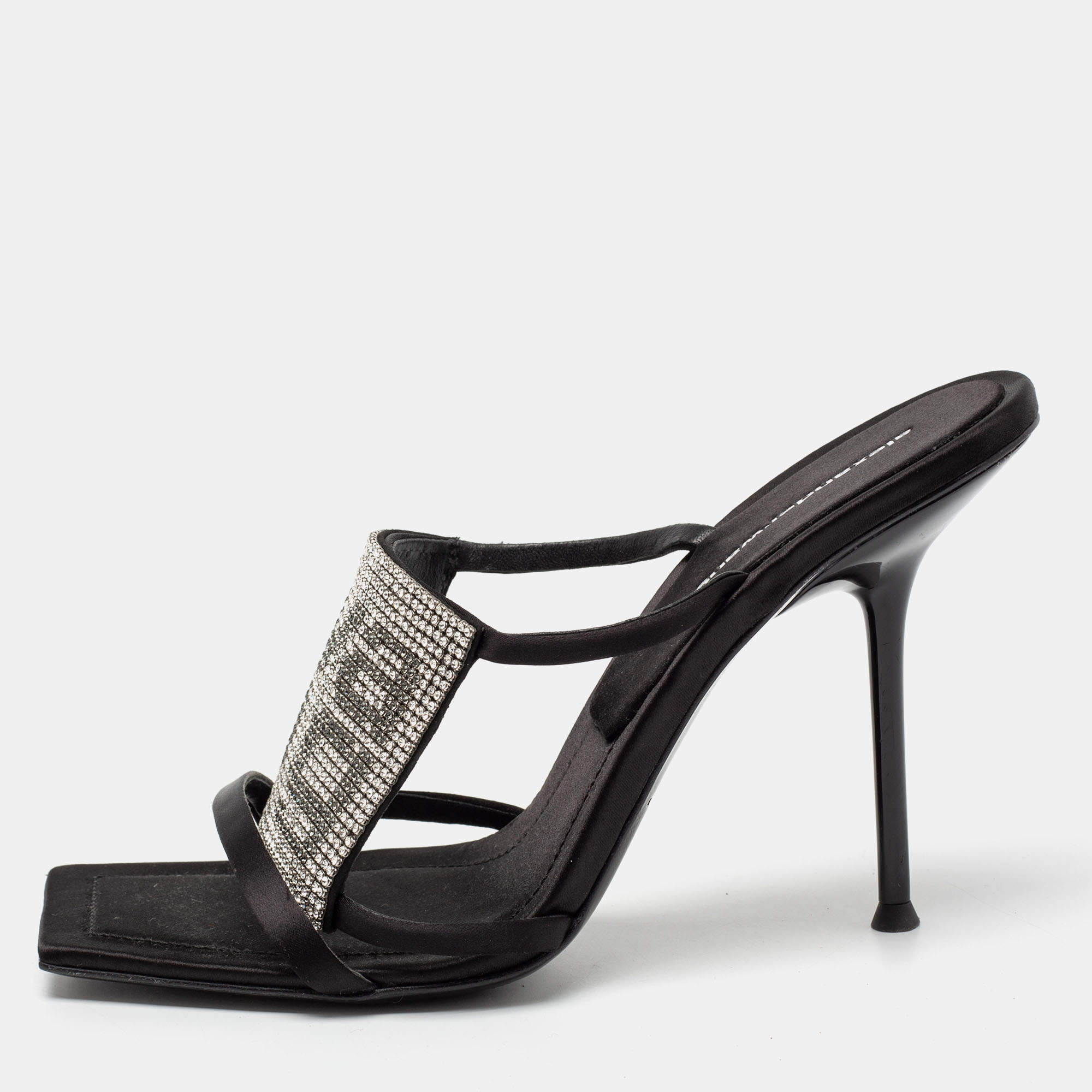 Alexander Wang Black Satin Crystal Embellished Julie Slide Sandals Size 38