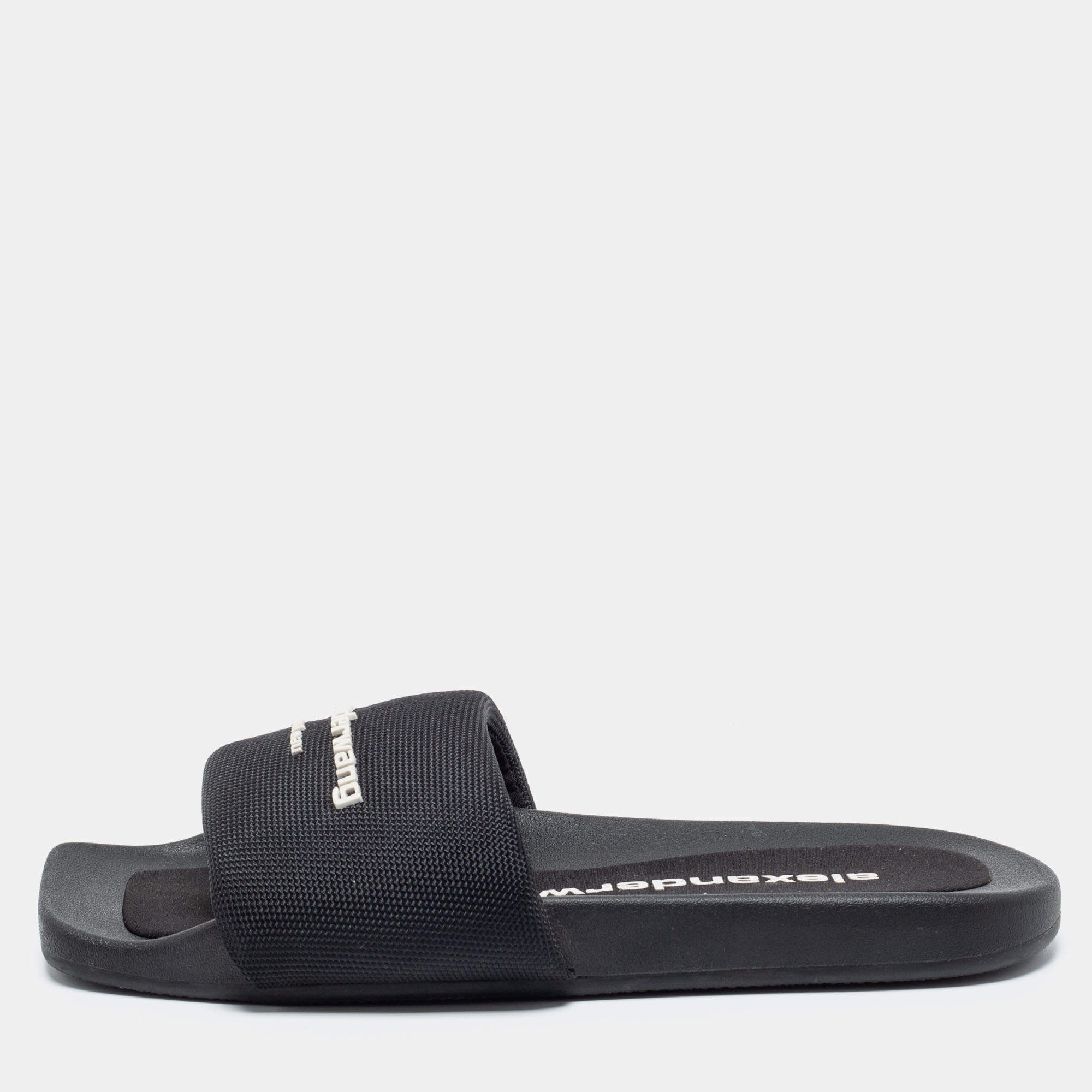 Alexander Wang Black Nylon Logo Flat Slides Size 38