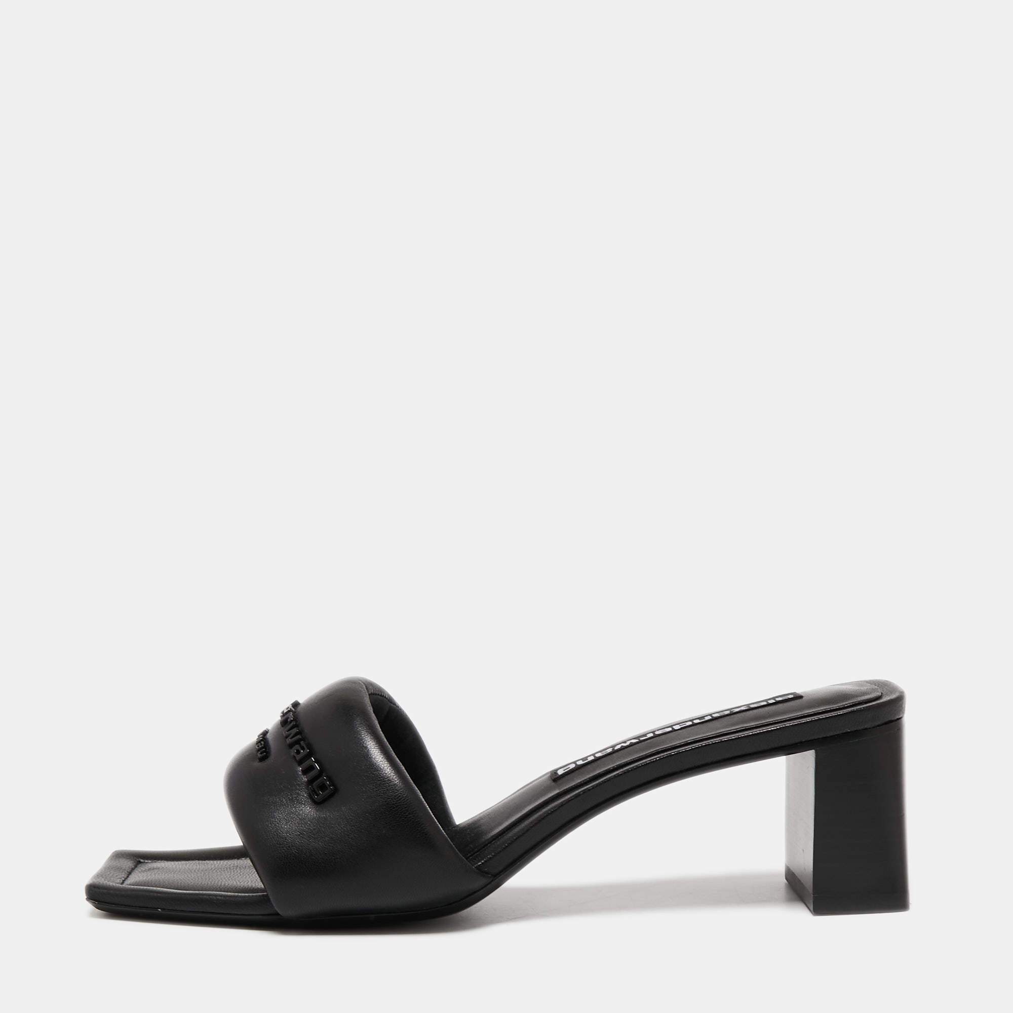 Pre Owned Alexander Wang Black Leather Anya Logo Slide Sandals Size 39.5