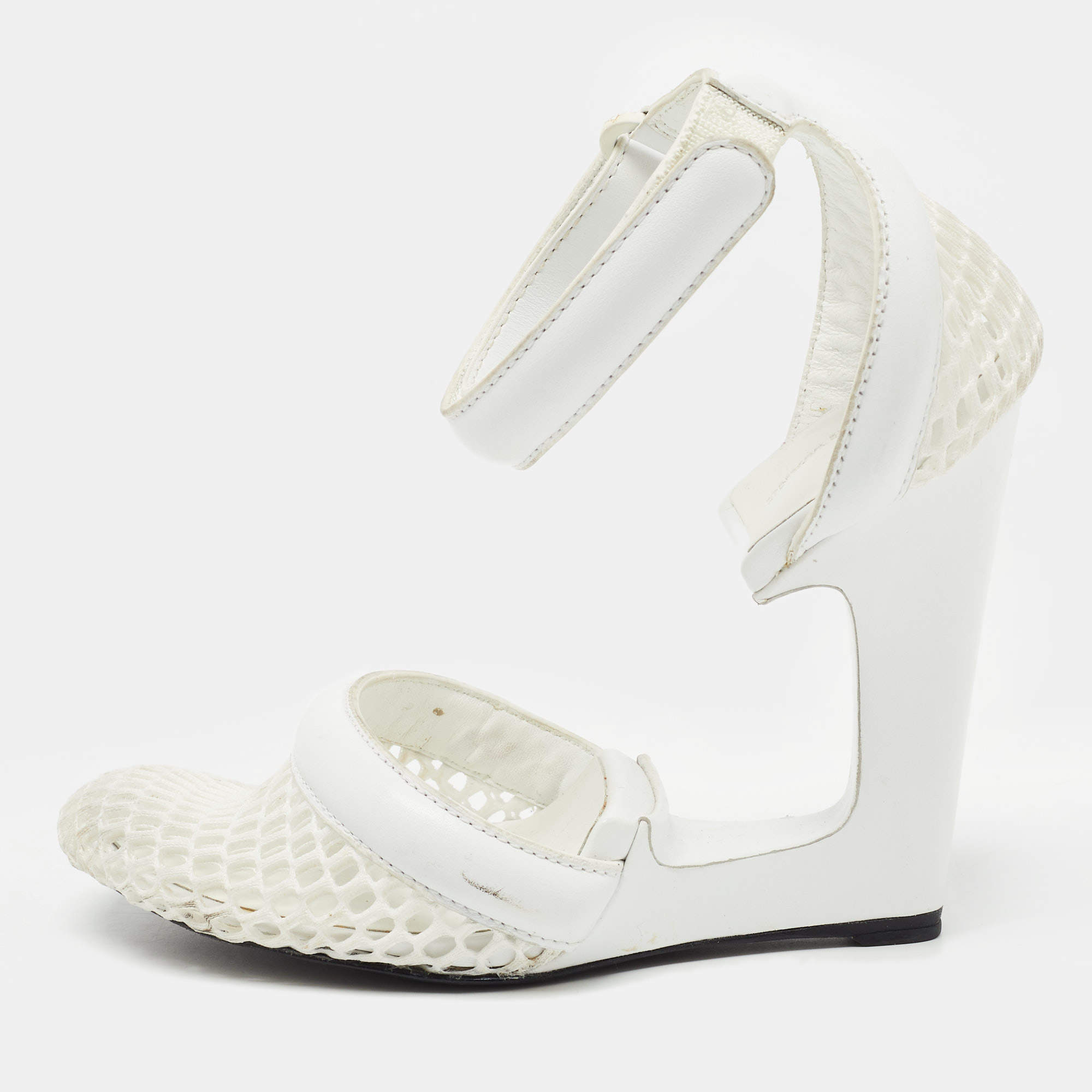 Alexander Wang White Leather and Fabric Ankle Wedge Ankle Strap Pumps Size 37