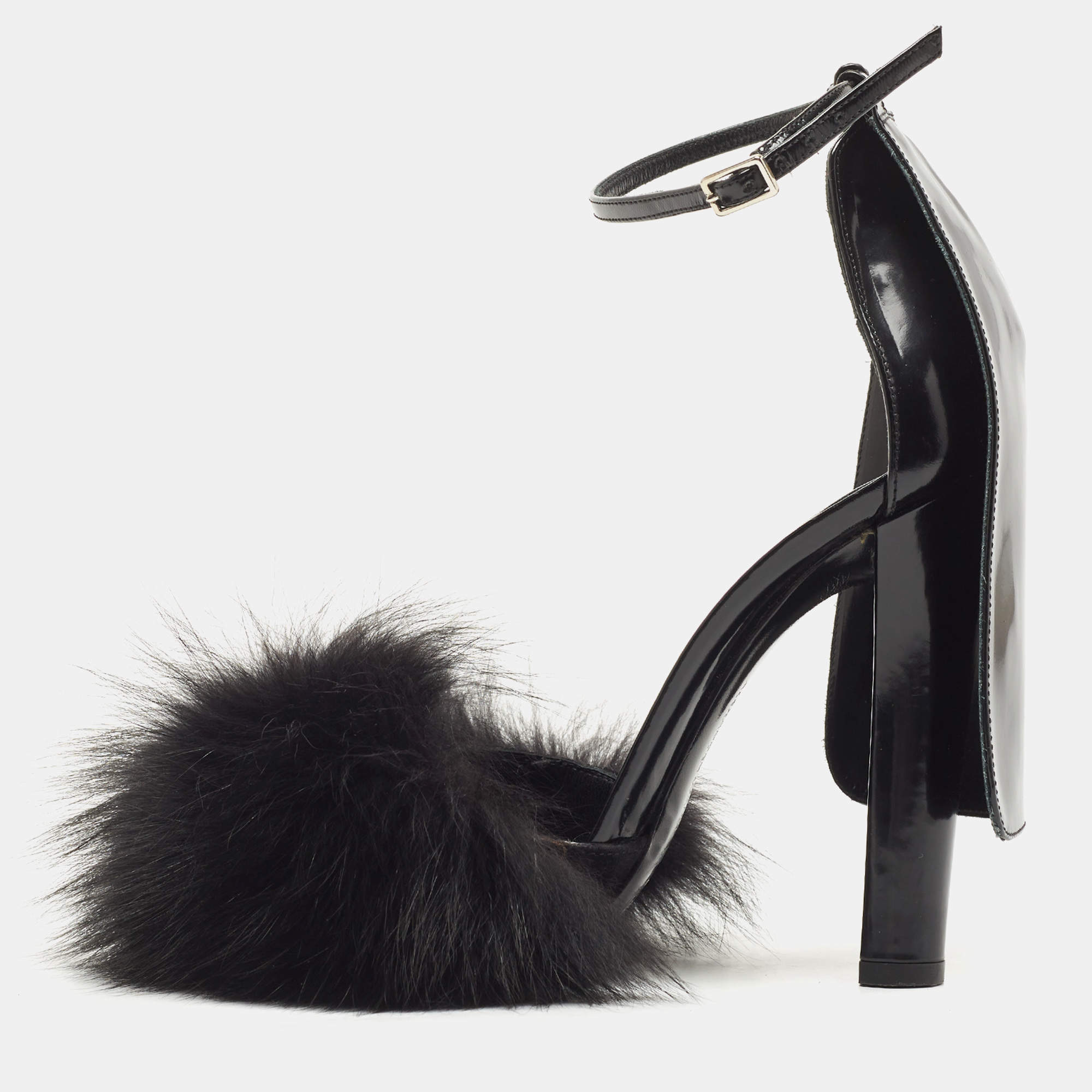 Alexander Wang Black Fur And Patent Ankle Strap Sandals Size 38.5