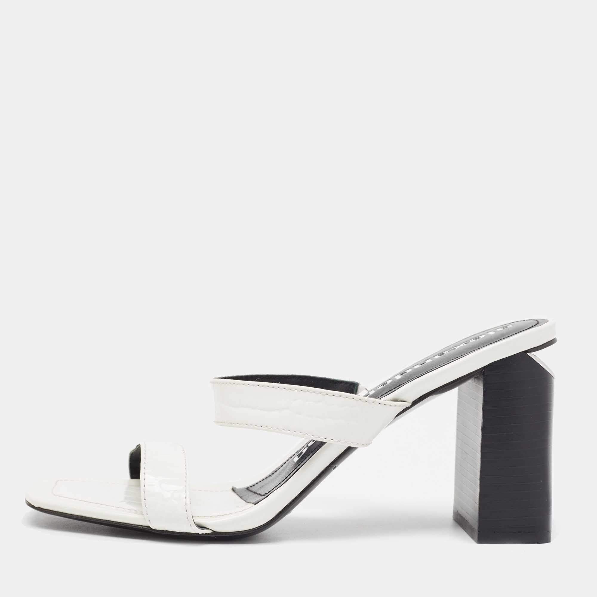 Alexander Wang White Croc Embossed Patent Leather Block Heel Slide Sandals Size 39
