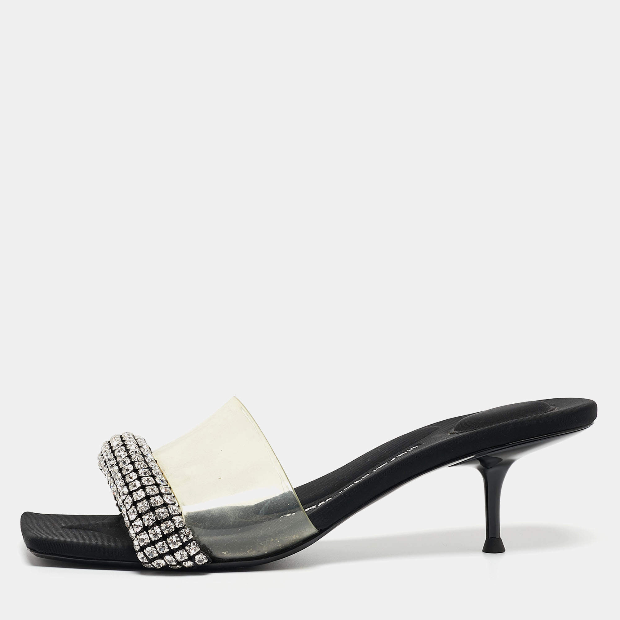Alexander Wang Black Crystal Embellished Fabric and PVC Jessie Slide Sandals Size 39.5