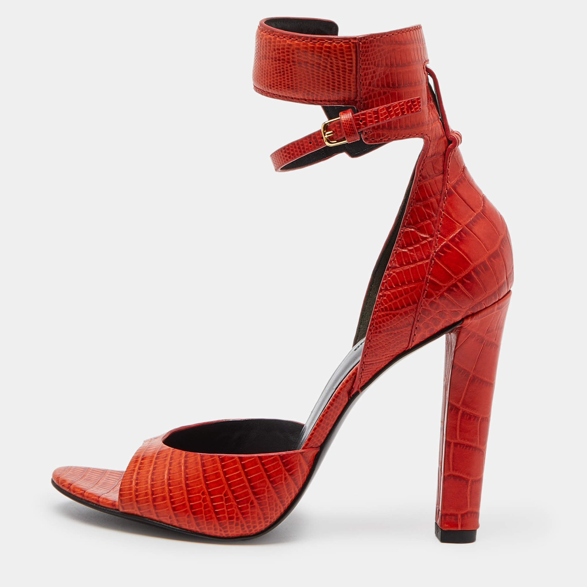 Alexander Wang Orange Croc Embossed Leather Ankle-Strap Sandals Size 39.5